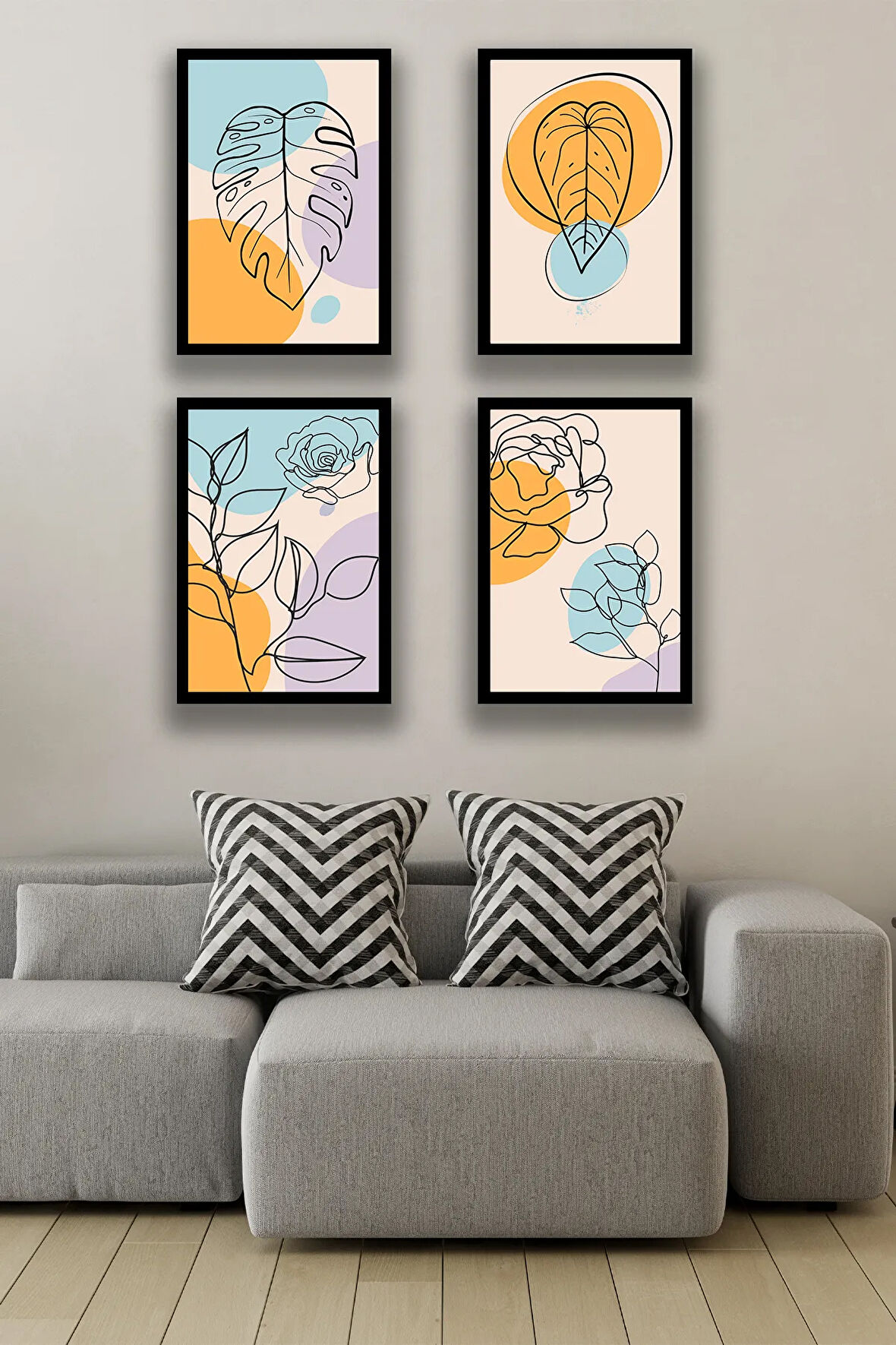 4 Parça Çerçeve Görünümlü Estetik Tablo Modeli, Oturma Odası, Salon, Ofis, Yatak Odası Duvar Dekoru