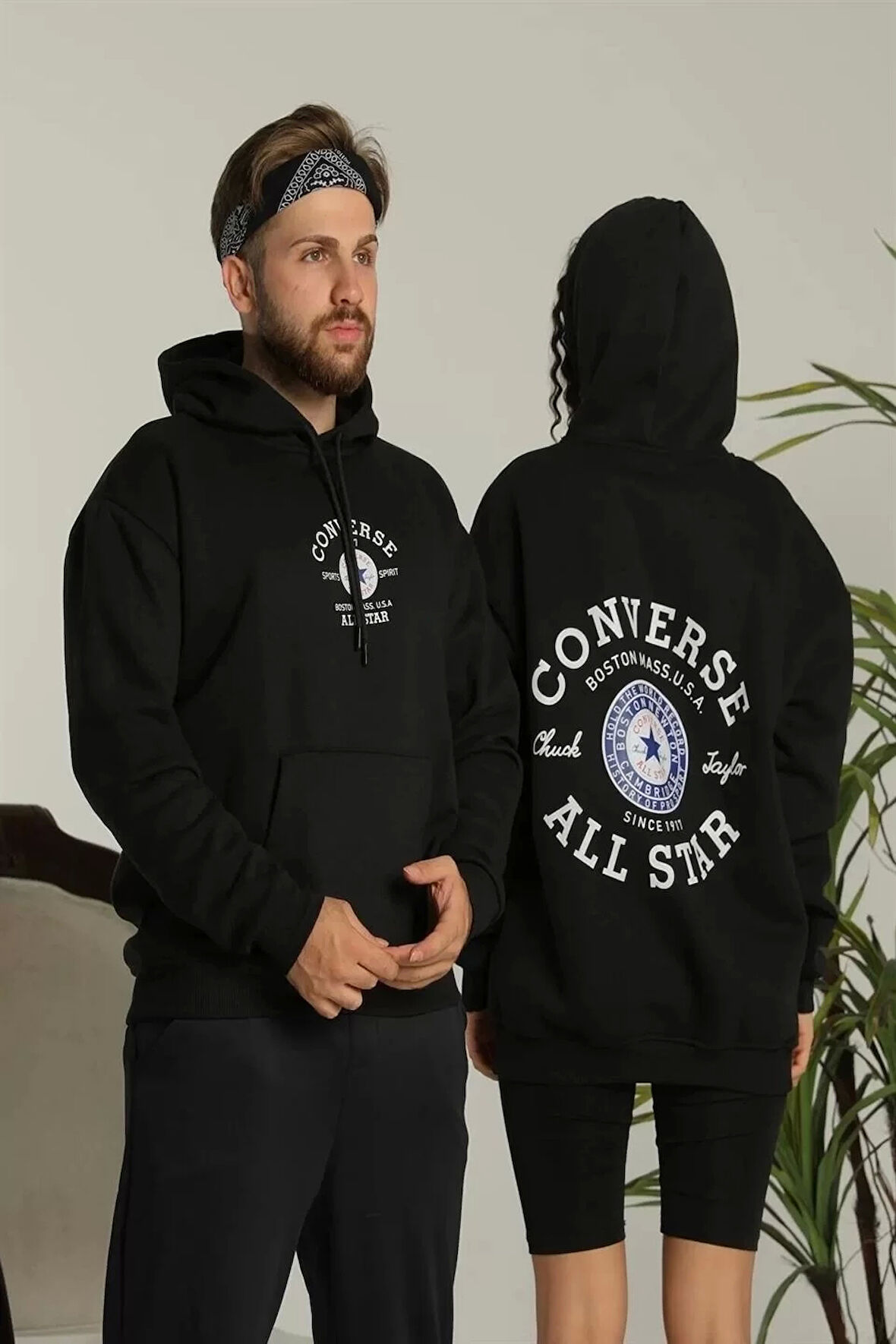 Erkek Sırt Baskılı Oversize Üç İplik Kapüşonlu Hoodie Sweatshirt - Siyah