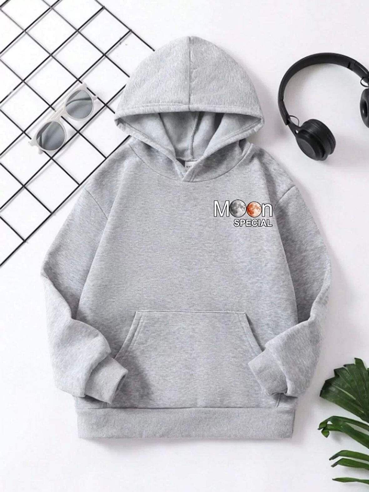 Çocuk Unisex Kapüşonlu Ön ve Arka Moon Special Baskılı Sweatshirt - Gri