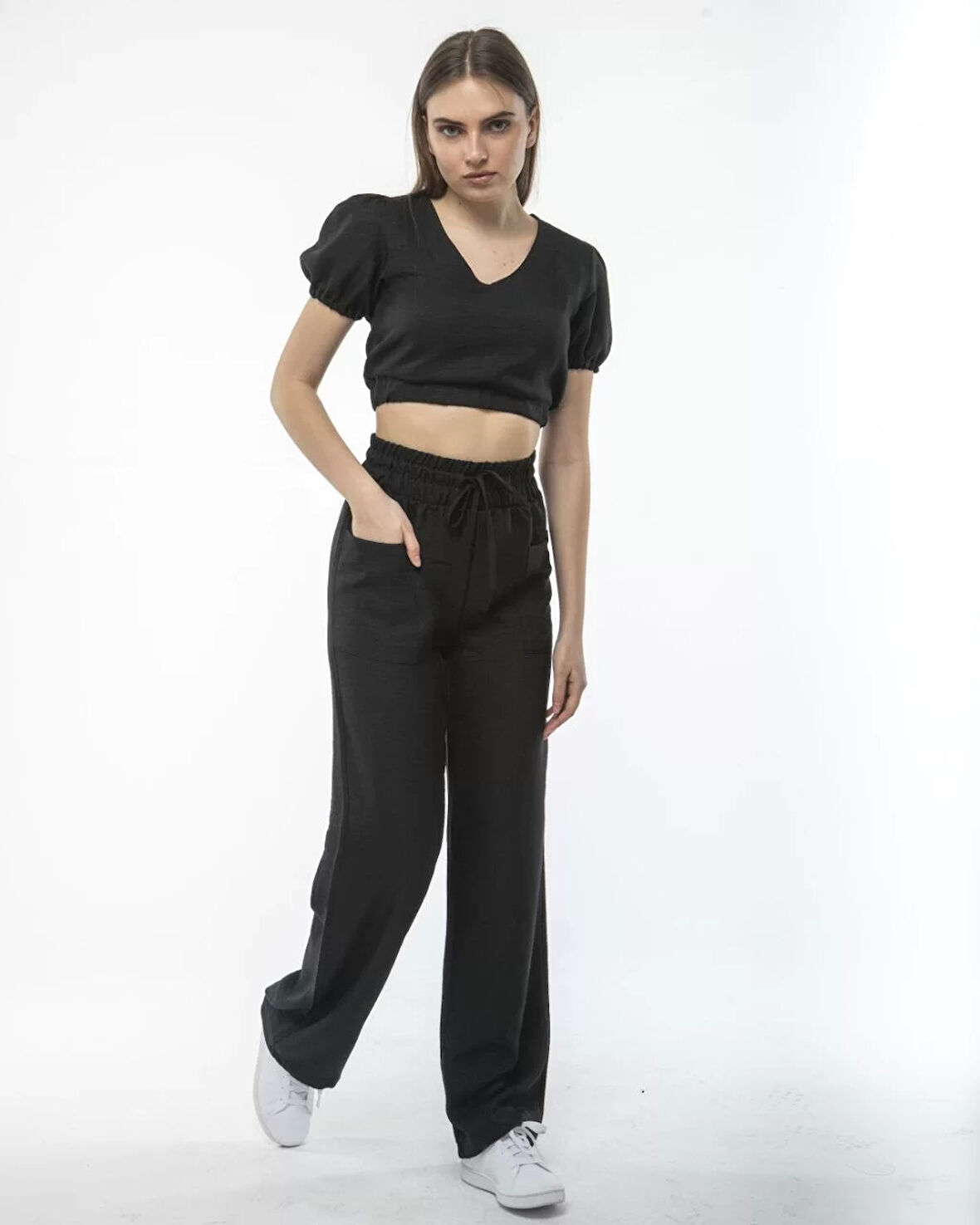 Kadin Keten Pantalon ve Crop Takım - Siyah