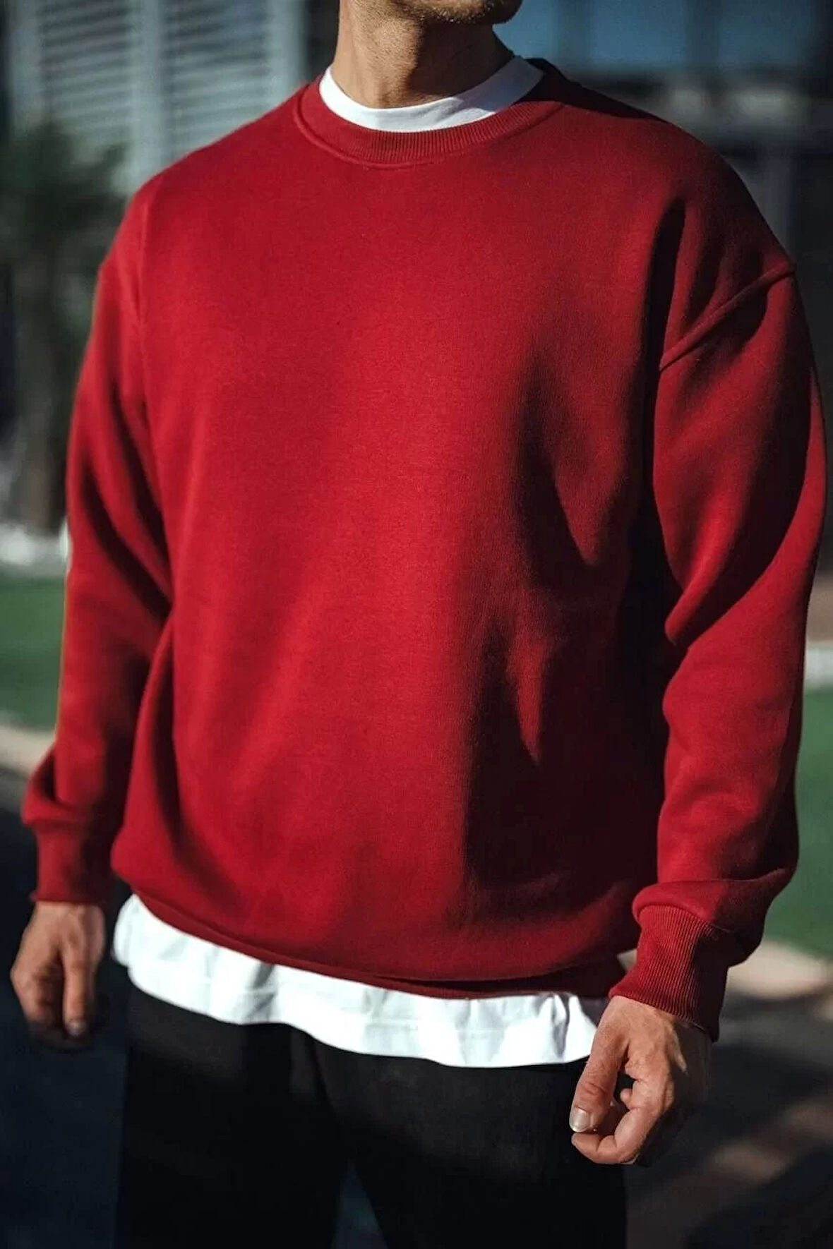 Kışlık Bisiklet Yaka Üç İplik Basic SweatShirt - Bordo