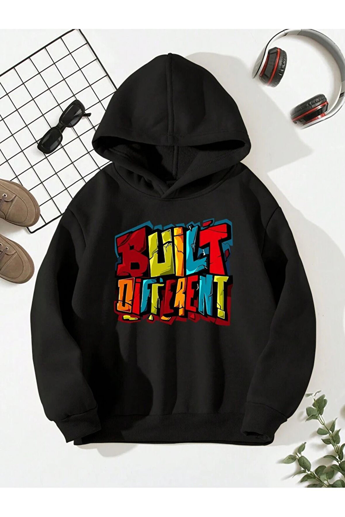 Built Different Baskılı Unisex Siyah Kanguru Cepli Kapüşonlu Sweatshirt Hoodie | M