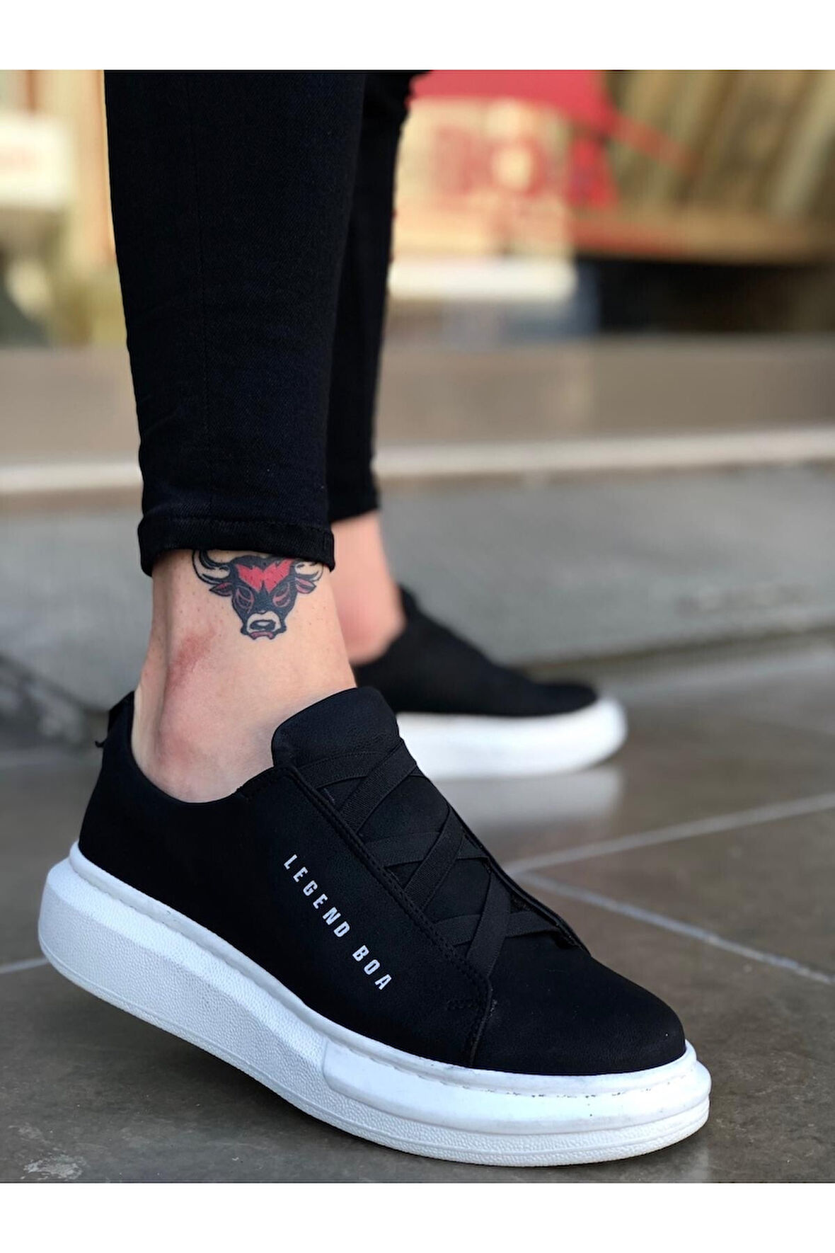 Kalın Yüksek Taban Çapraz Bant Siyah Erkek Ayakkabı Sneaker Spor Ayakkabı