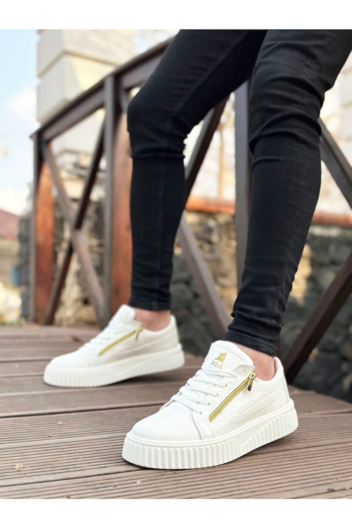 Kalın Yüksek Tabanlı Çift Fermuarlı Beyaz Günlük Sneaker Spor Ayakkabı