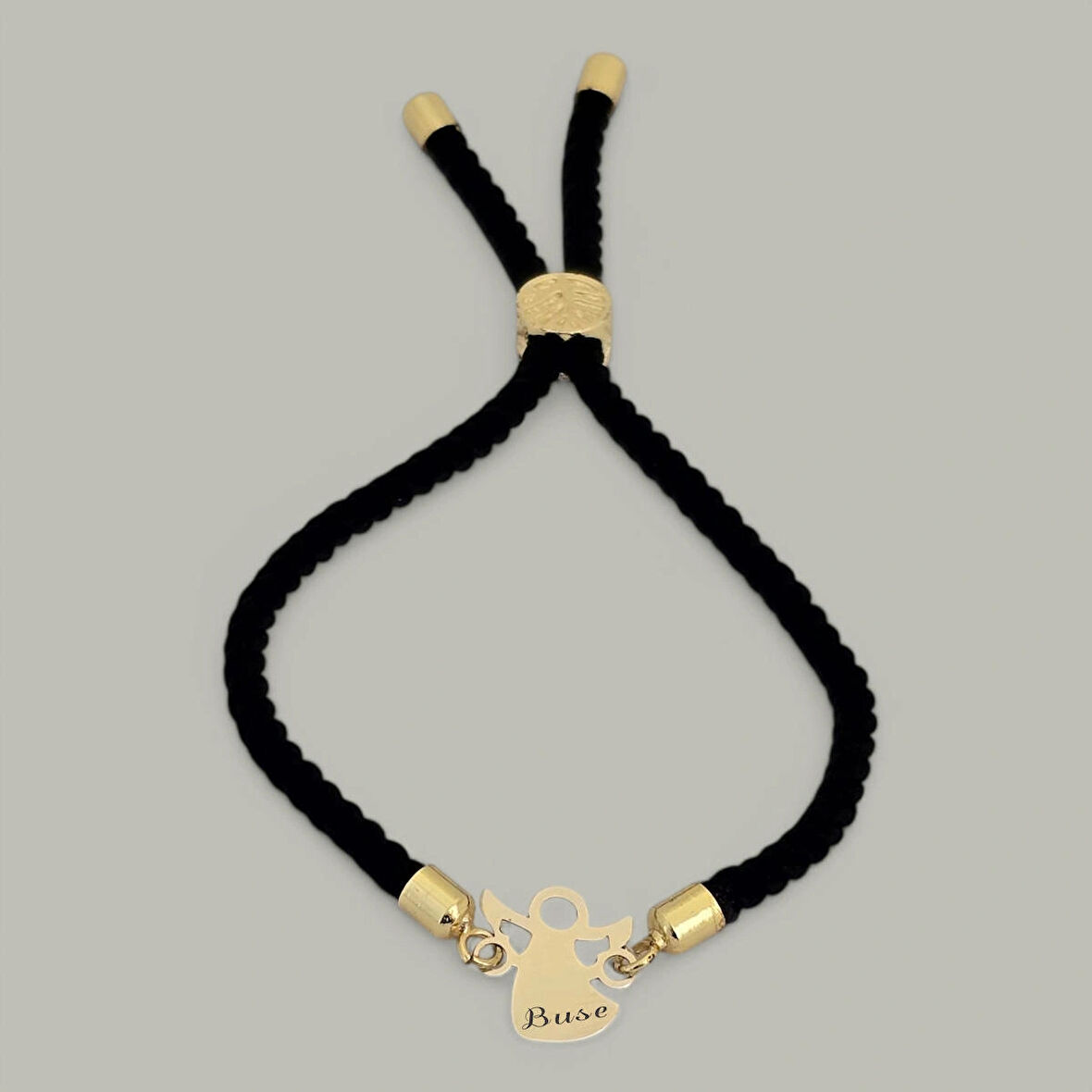 Şık Mevlana Motifli Siyah Örgü Detaylı ve 14 Ayar Altın Plakalı Buse Bilekliği