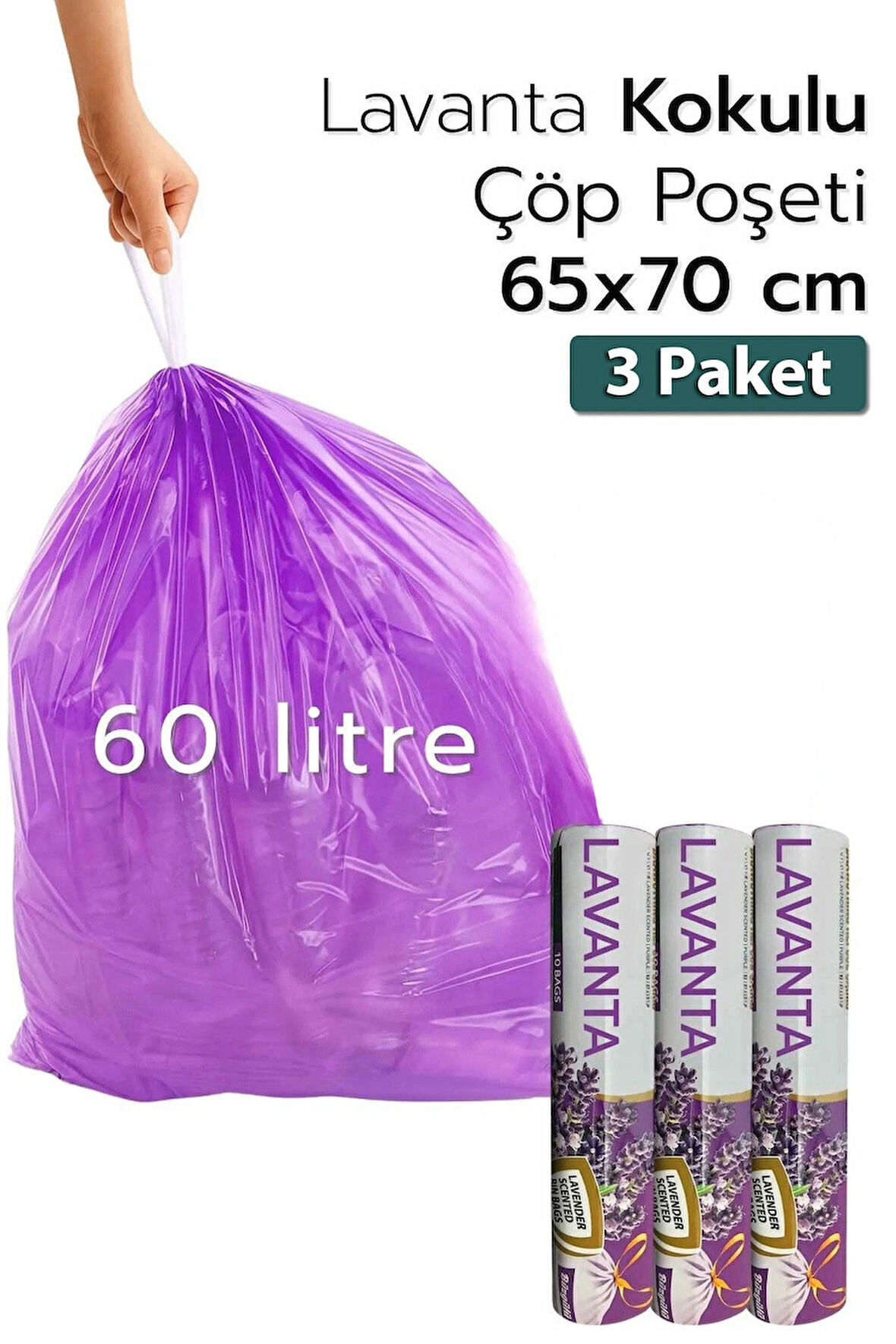 Büyük Boy 65x70 Lavanta Kokulu Büzgülü Çöp Poşeti 30 Adet (3 PAKET) Çöp Torbası 60 Litre