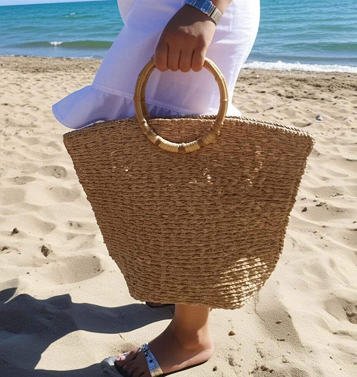 Büyük Hasır Tote Çanta - Bambu Saplı Boho Dokuma Çanta - Her Mevsim Doğal