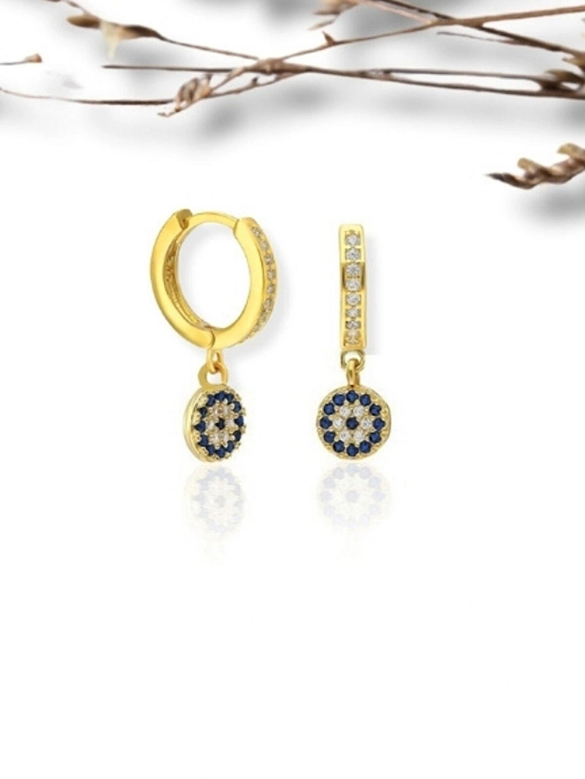 Gold Renk Zirkon Taşlı Nazar Boncuğu Küpe - 925 Ayar Gümüş