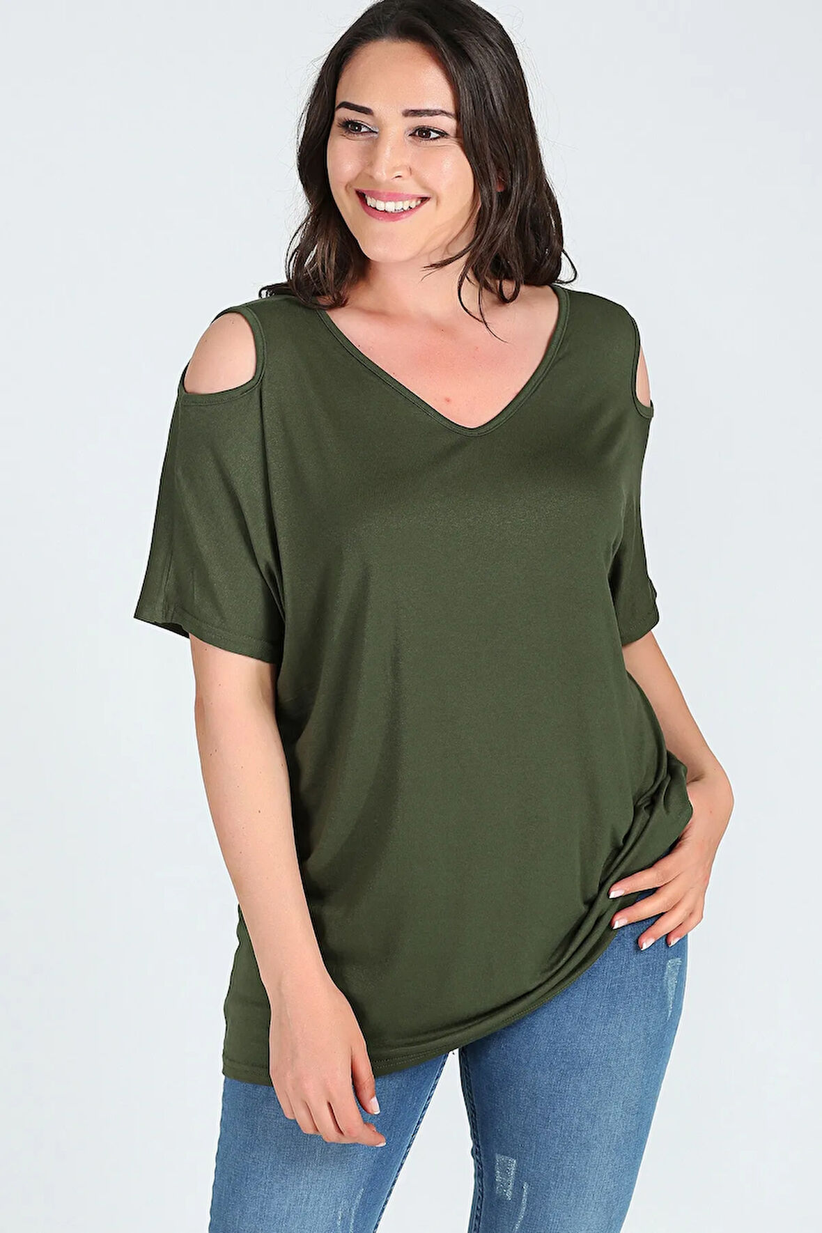 Kadın Omuzu V Pencere Kısa Kol Bluz M9142