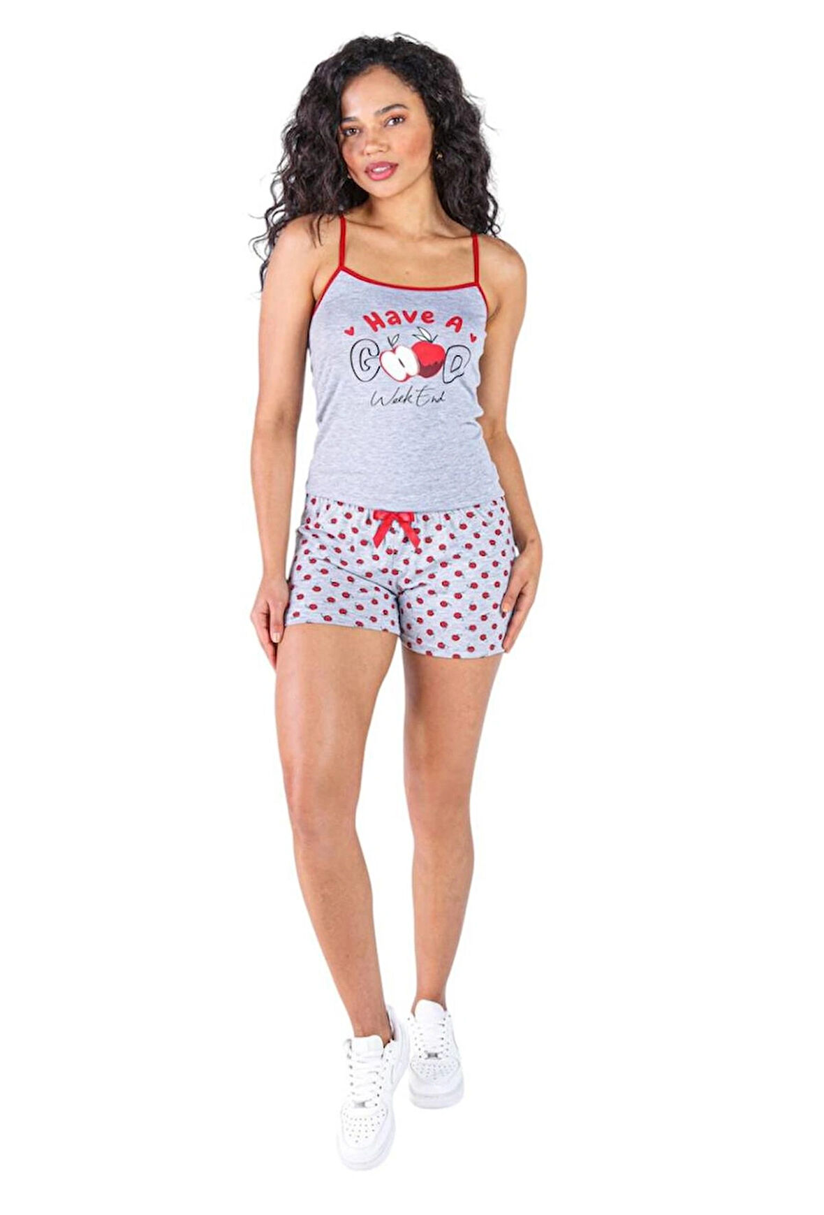 İnce Askılı Şortlu Pamuklu Pijama Takımı Dantel Detaylı