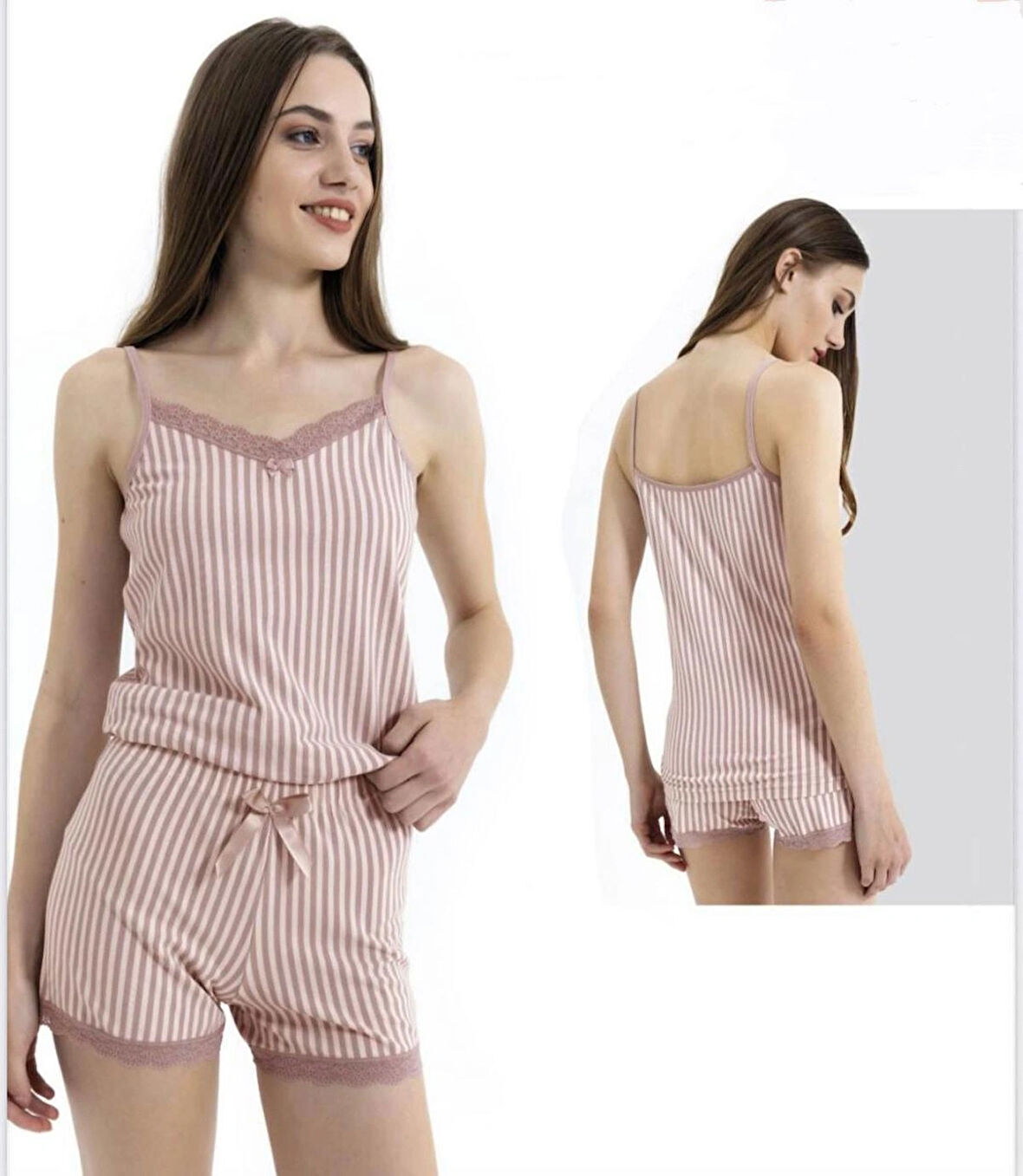 İnce Askılı Şortlu Pamuklu Pijama Takımı Dantel Detaylı