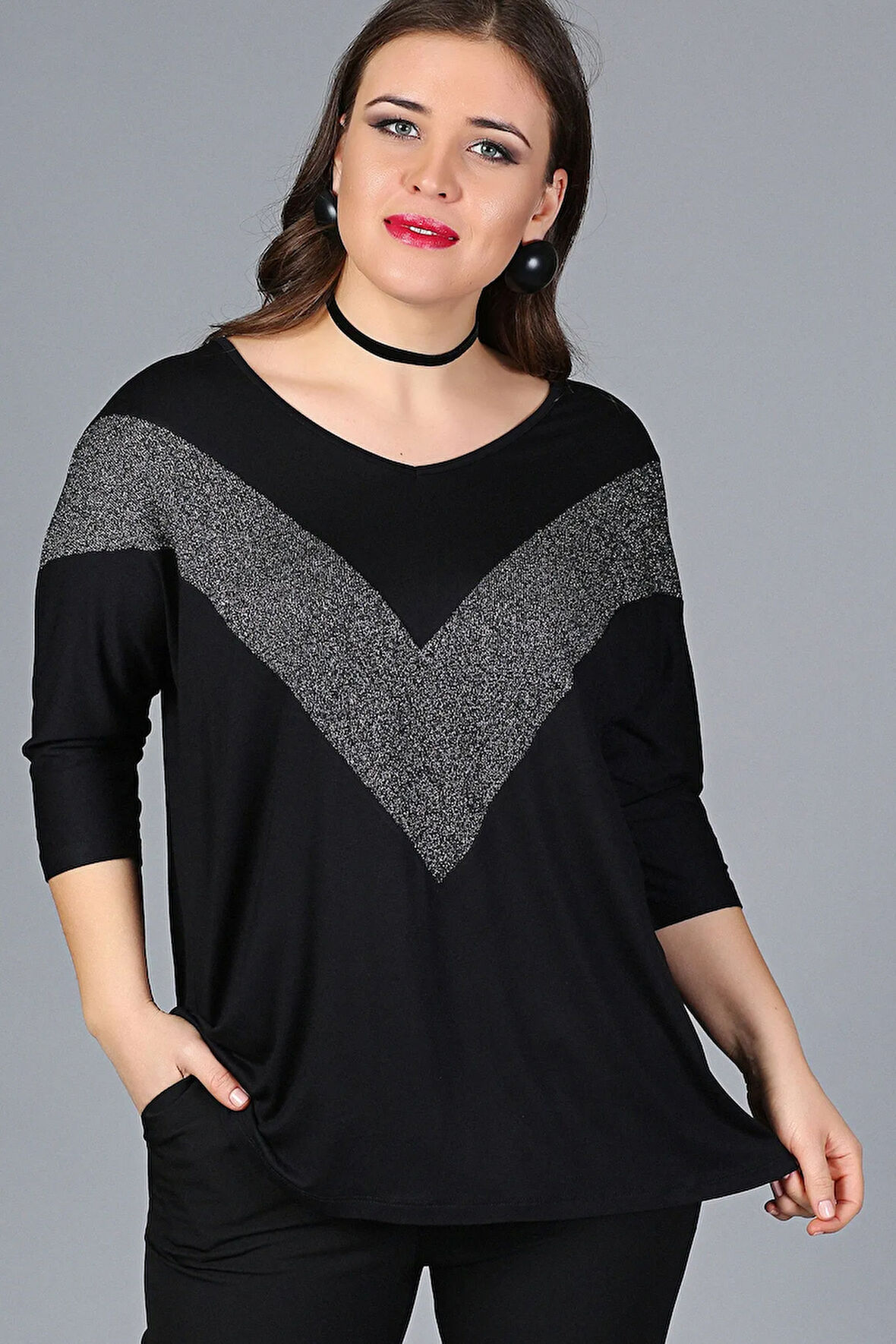 Büyük Beden Göğüs V Sim Bluz