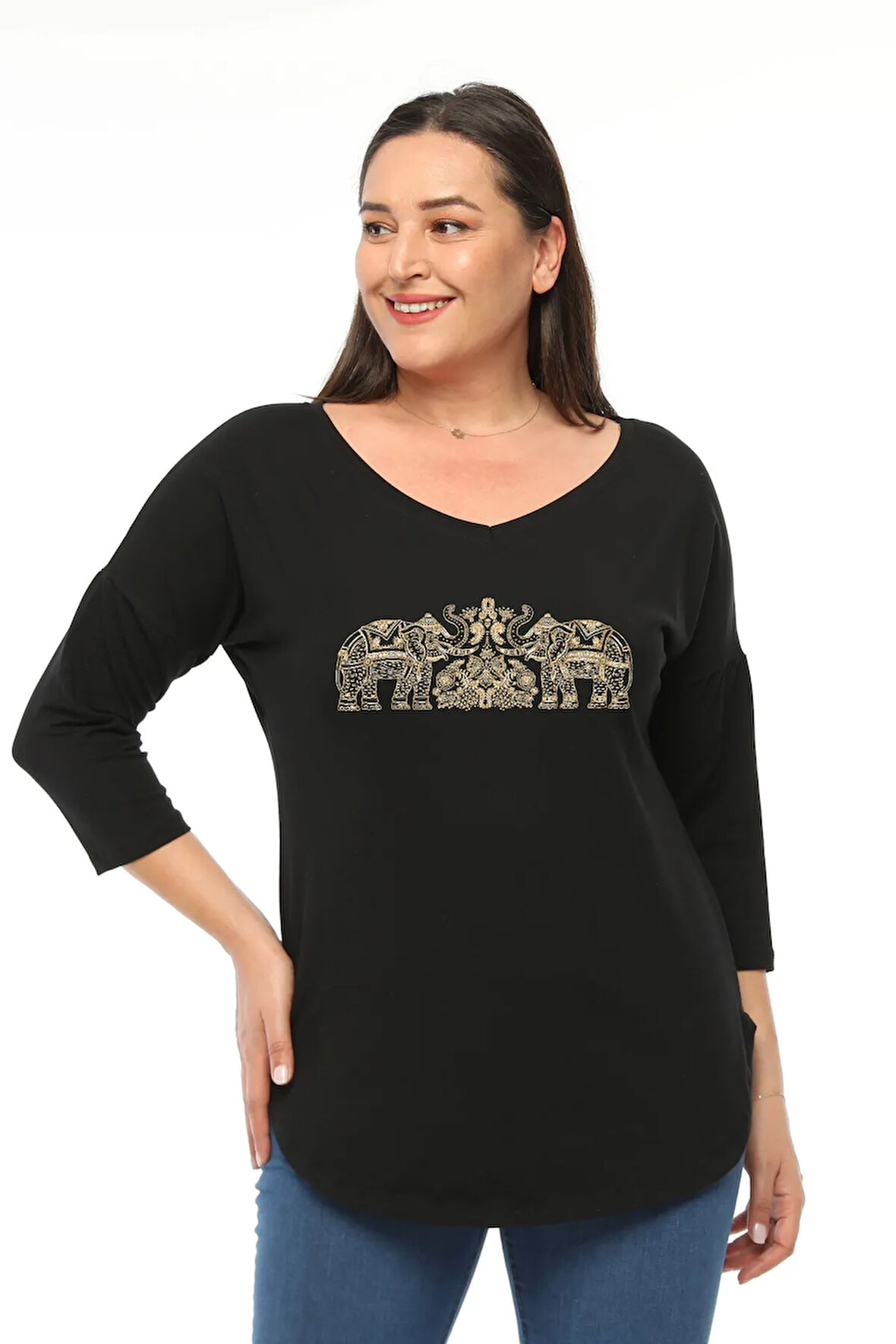 Büyük Beden Fil İşlemeli Baskılı Geniş V Yaka Yarım Kol Oval Yırtmaç Bluz