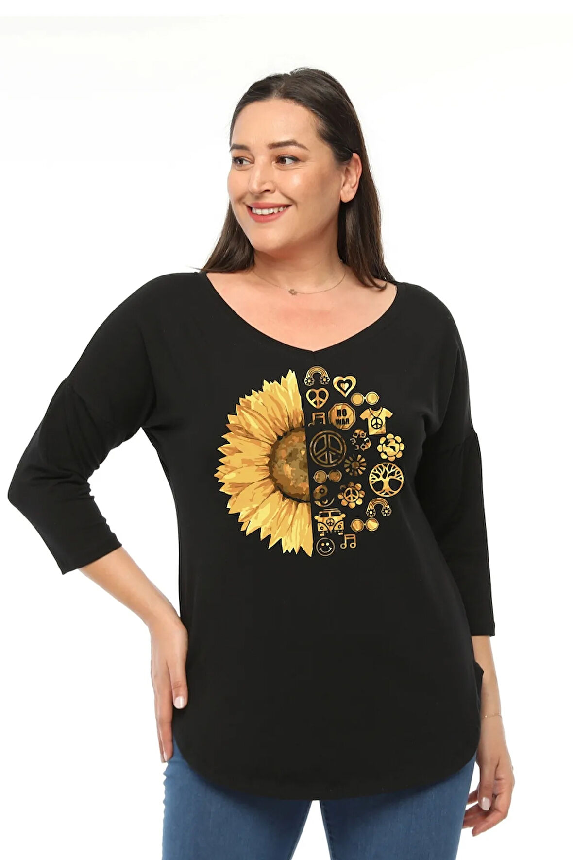 Büyük Beden Sun Flower Baskılı Geniş V Yaka Yarım Kol Oval Yırtmaç Bluz