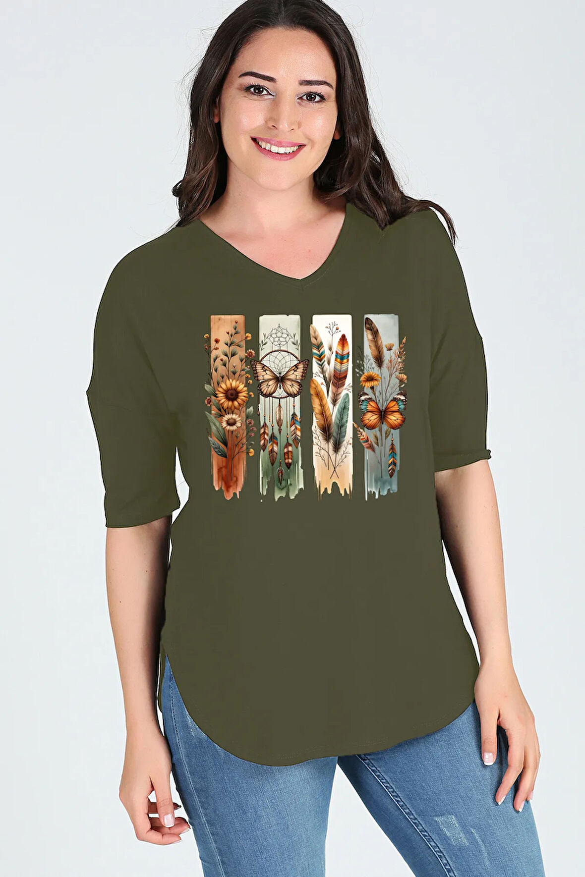 Büyük Beden Bohem Kelebek Baskılı Yarım Kol Yan Yırtmaç Bluz