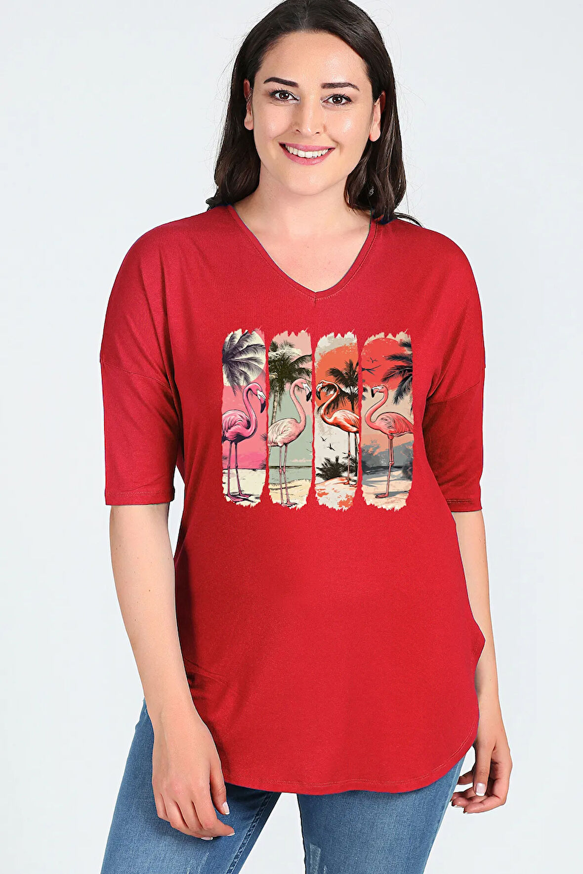 Büyük Beden Flamingo Baskııl Yarım Kol Yan Yırtmaç Bluz