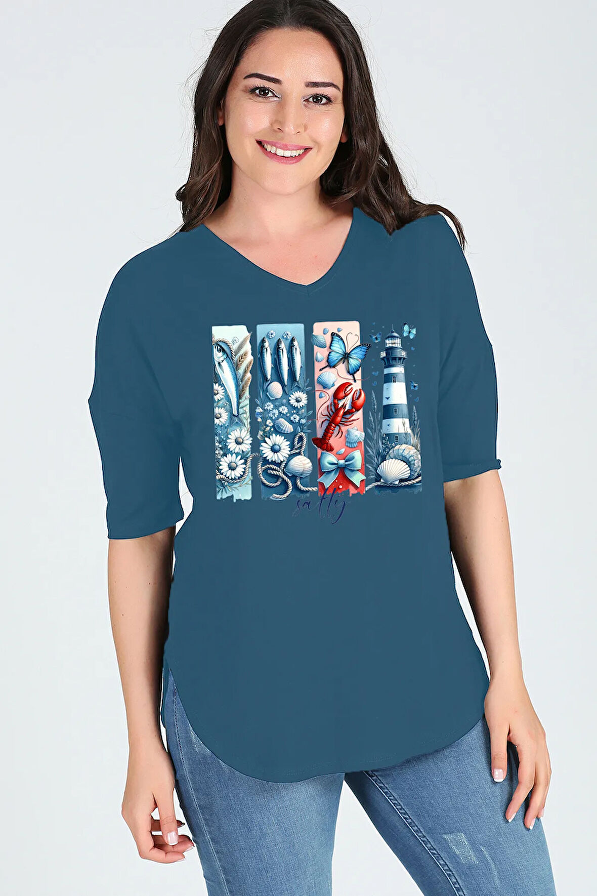 Büyük Beden Deniz Feneri Salty Baskılı Yarım Kol Yan Yırtmaç Bluz