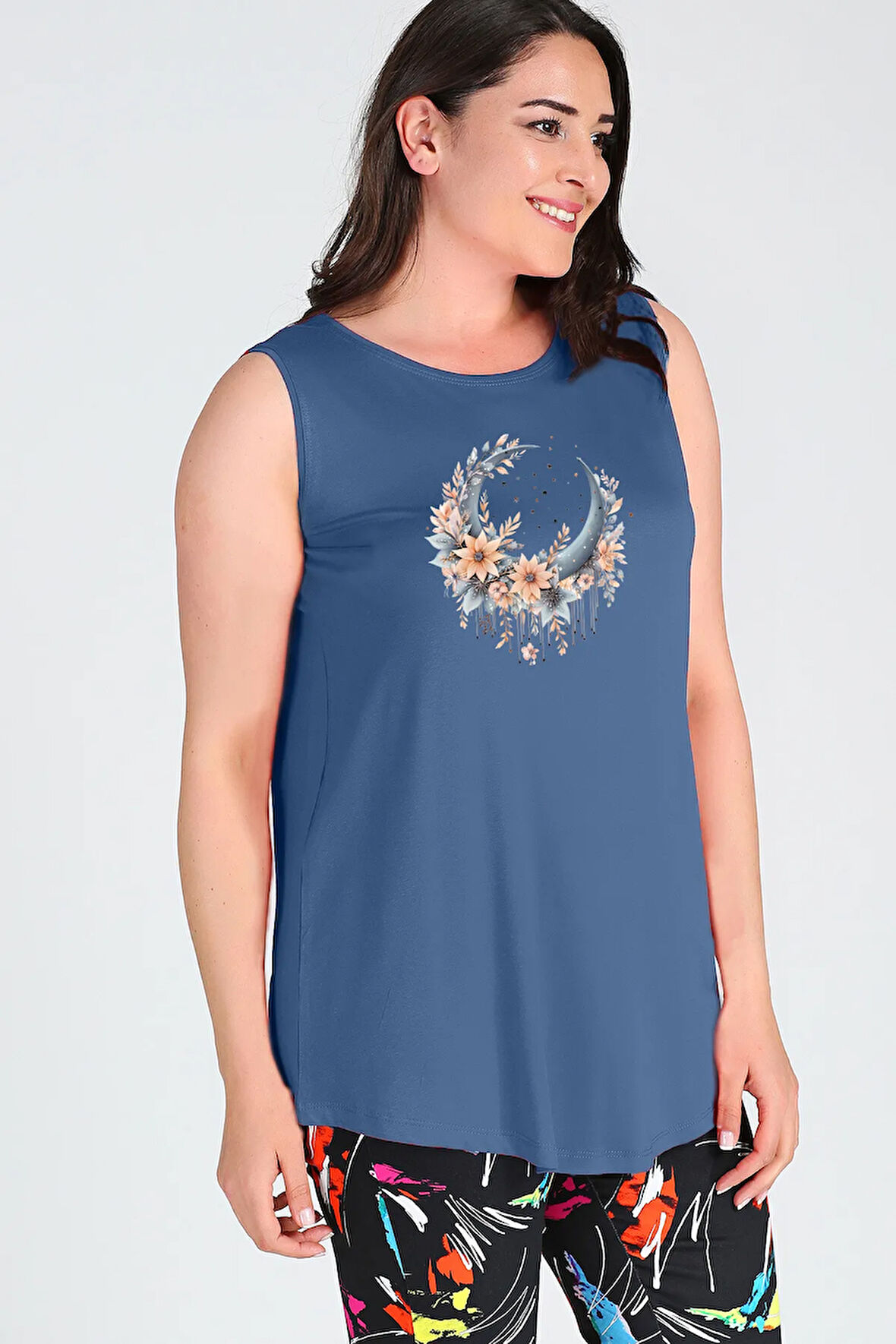 Büyük Beden Boho Hilal Baskılı Kolsuz Viskon Basic Bluz