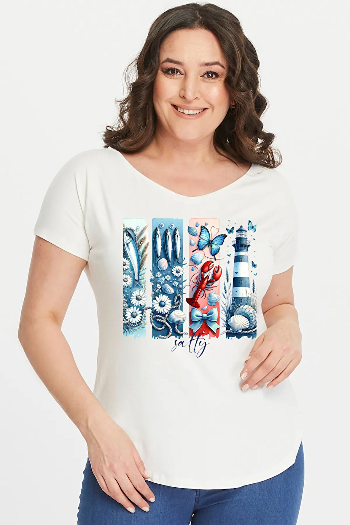 Büyük Beden Deniz Feneri Salty Geniş V Yaka Kısa Kol Oval Yırtmaç Bluz