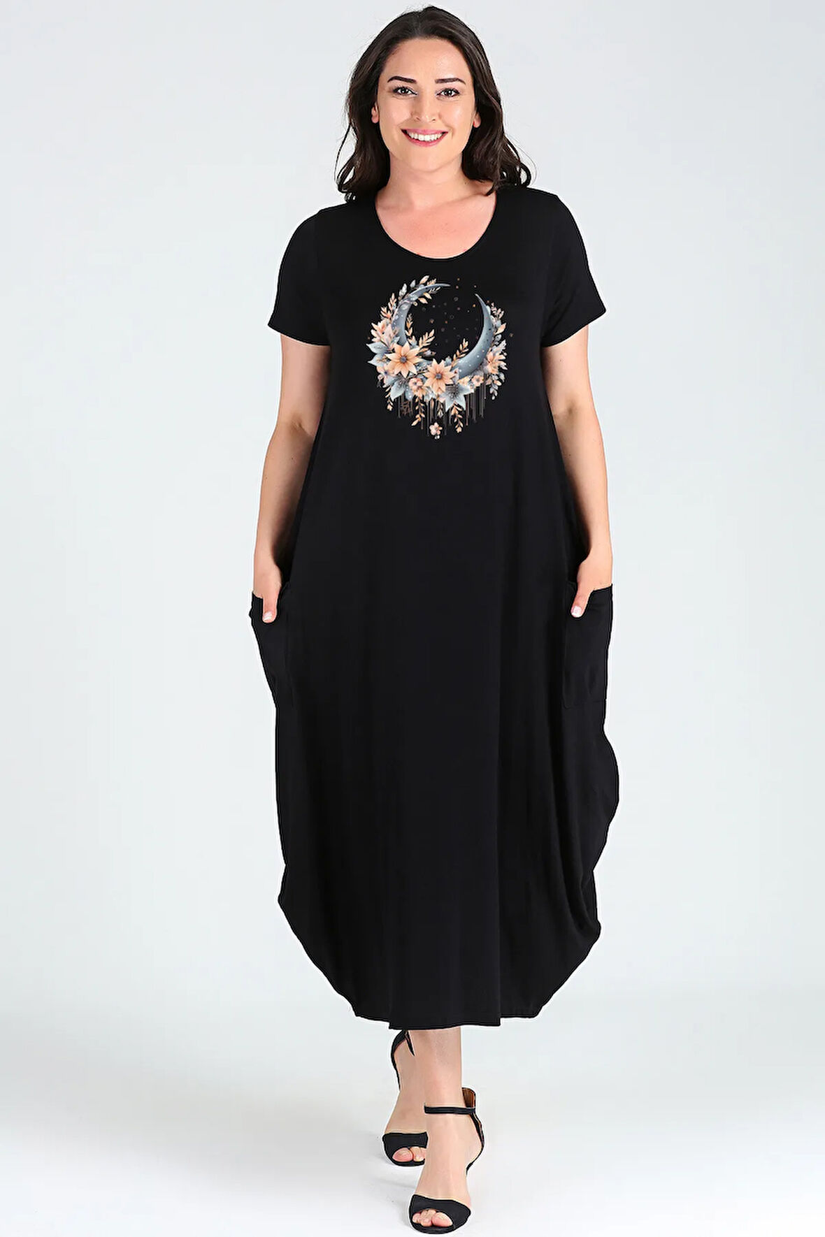 Büyük Beden Boho Hilal Baskılı Jumbo Kısa Kol Elbise