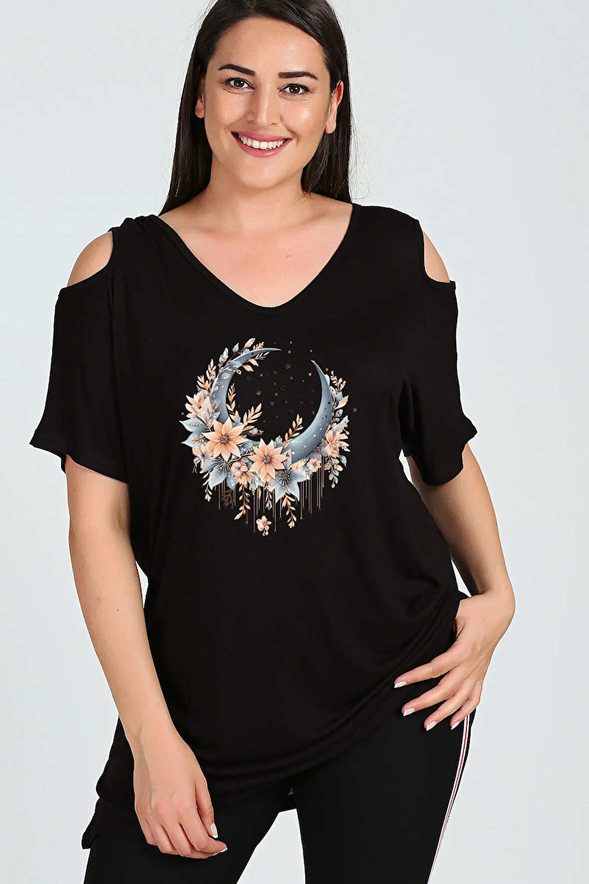 Büyük Beden Boho Hilal Baskılı Omuzu V Pencere Kısa Kol Bluz