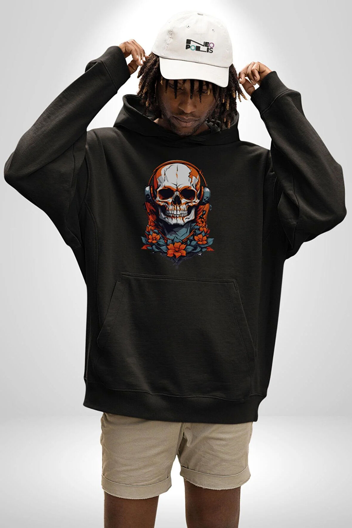 Müzik Kulaklık Takan Kurukafa Kırmızı Gül Kadın Erkek  Siyah Kapüşonlu Sweatshirt Hoodie