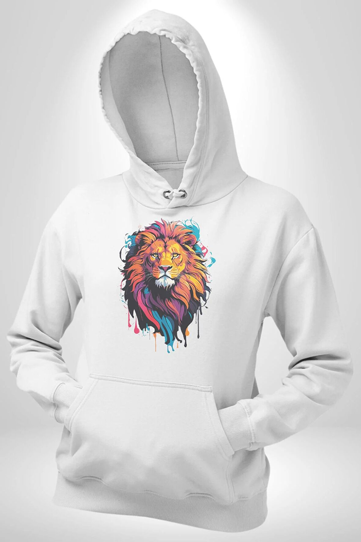 Renkli Yağlı Boya Aslan Kadın Erkek  Beyaz Kapüşonlu Sweatshirt Hoodie