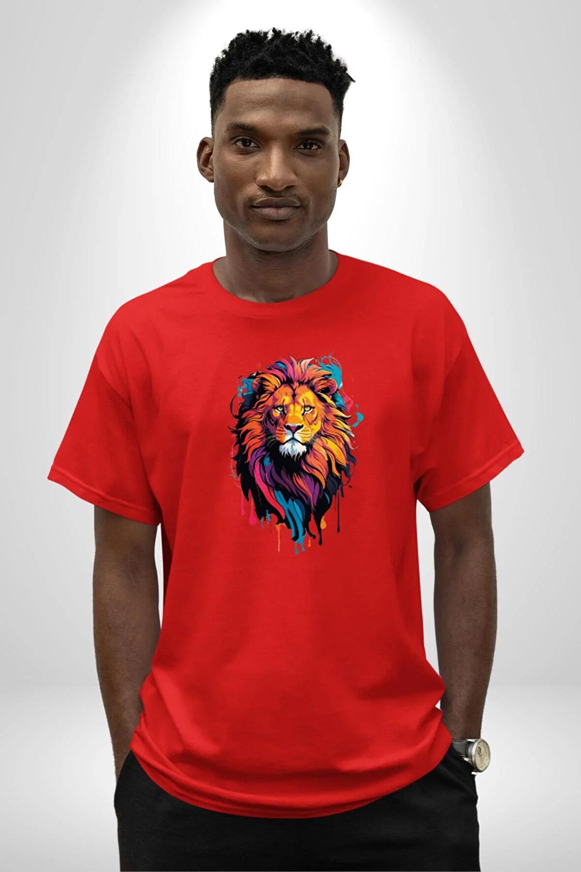 Renkli Yağlı Boya Aslan Pamuklu Bisiklet Yaka Kadın Erkek Oversize Boyfriend Dijital Baskılı Kırmızı T-Shirt
