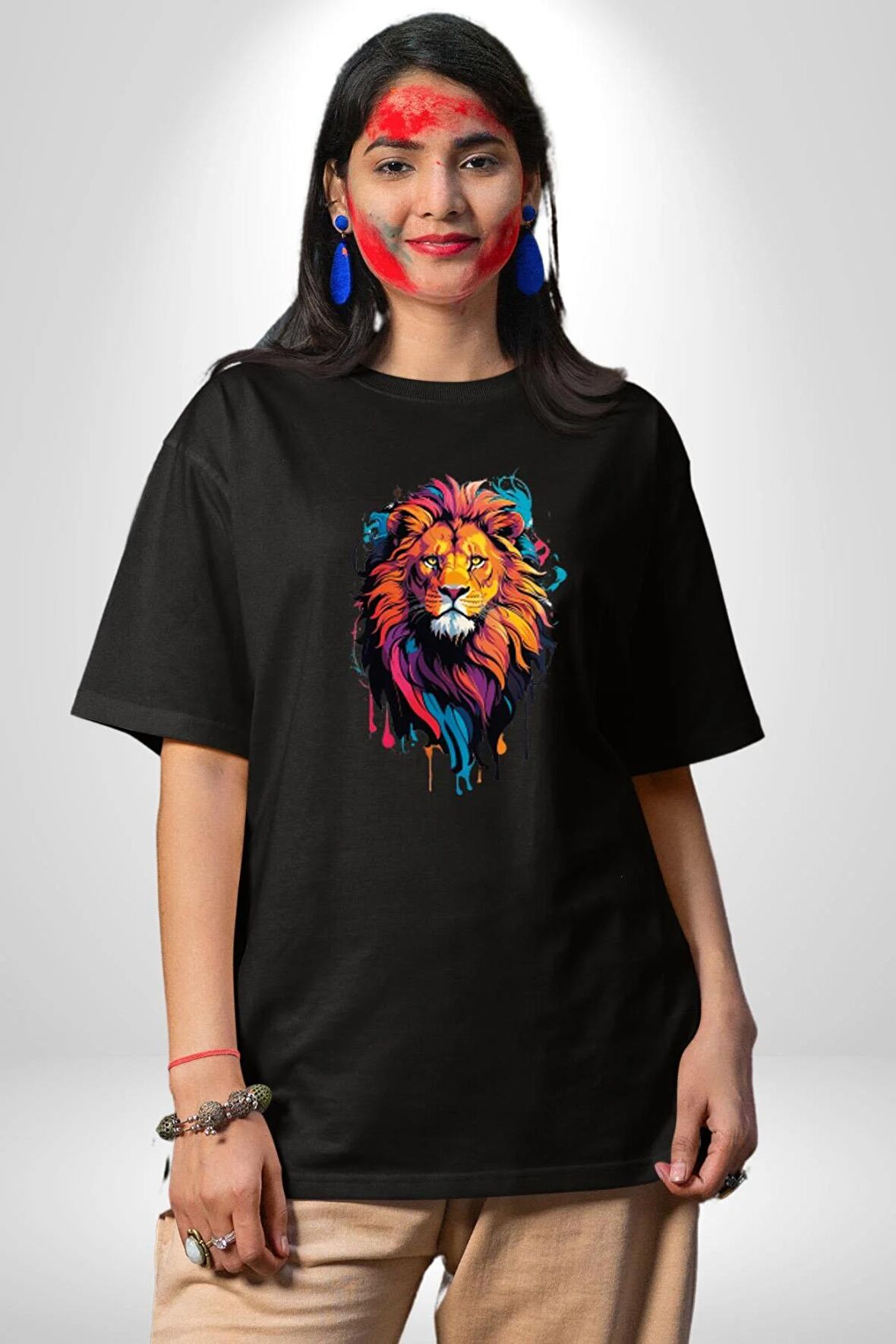 Renkli Yağlı Boya Aslan Pamuklu Bisiklet Yaka Kadın Erkek Oversize Boyfriend Dijital Baskılı Siyah T-shirt