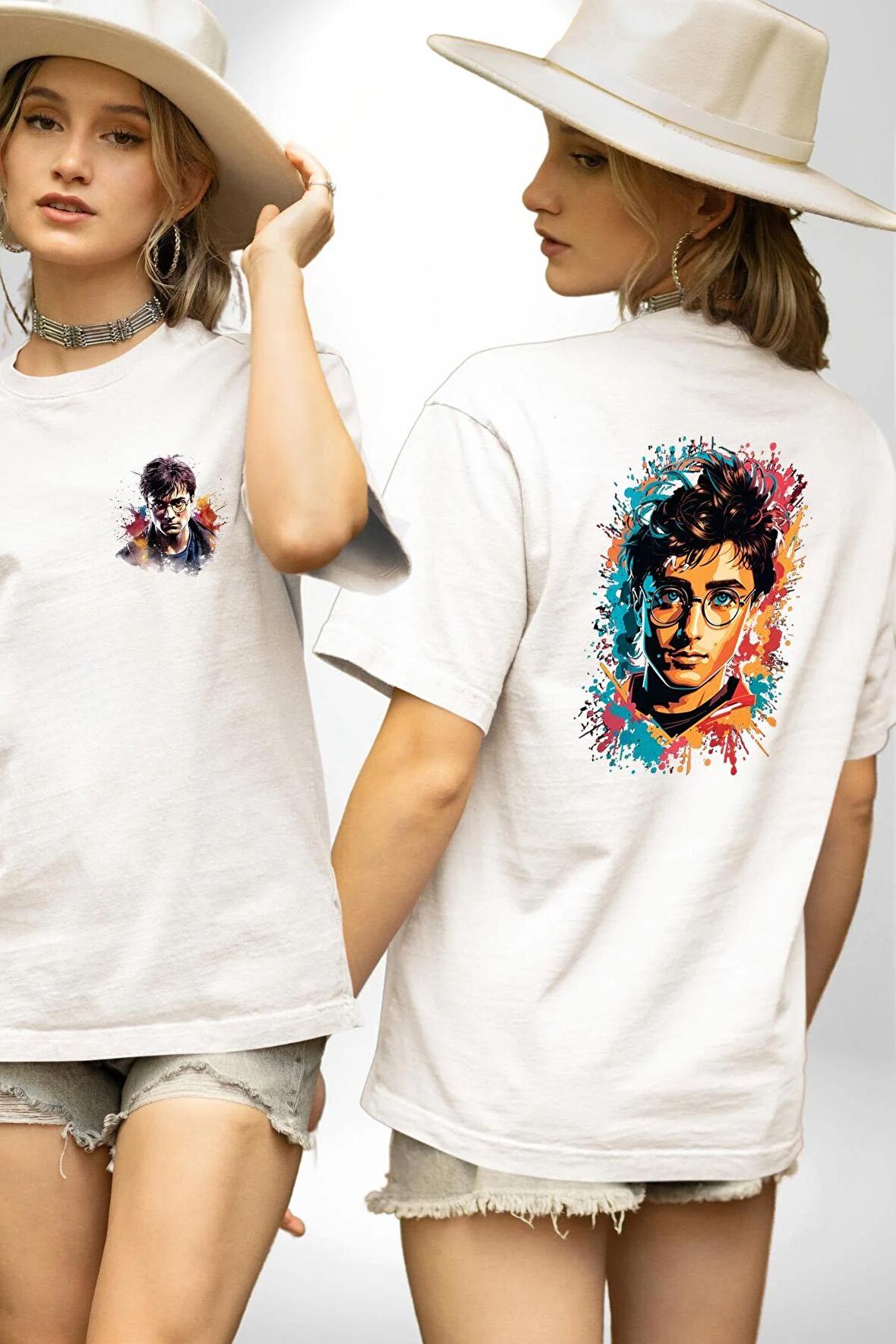 Renkli Yağlı Boya Harry Potter Beyaz Oversize Kadın Erkek Ön ve Sırt Baskılı Tişört