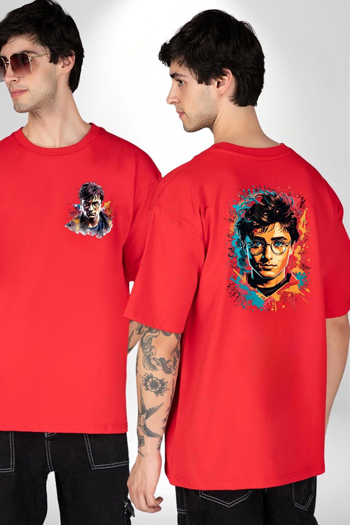 Renkli Yağlı Boya Harry Potter Kırmızı Oversize Kadın Erkek Ön ve Sırt Baskılı Tişört