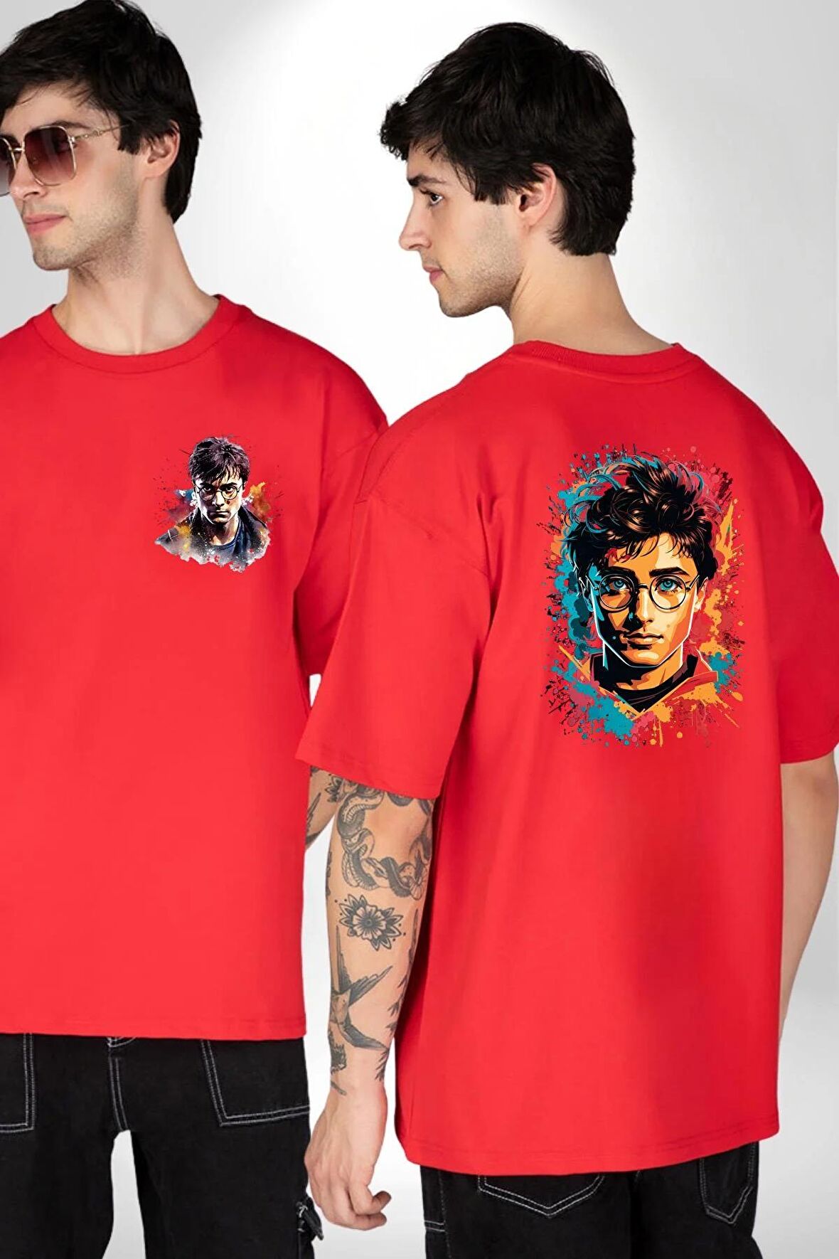 Renkli Yağlı Boya Harry Potter Kırmızı Oversize Kadın Erkek Ön ve Sırt Baskılı Tişört
