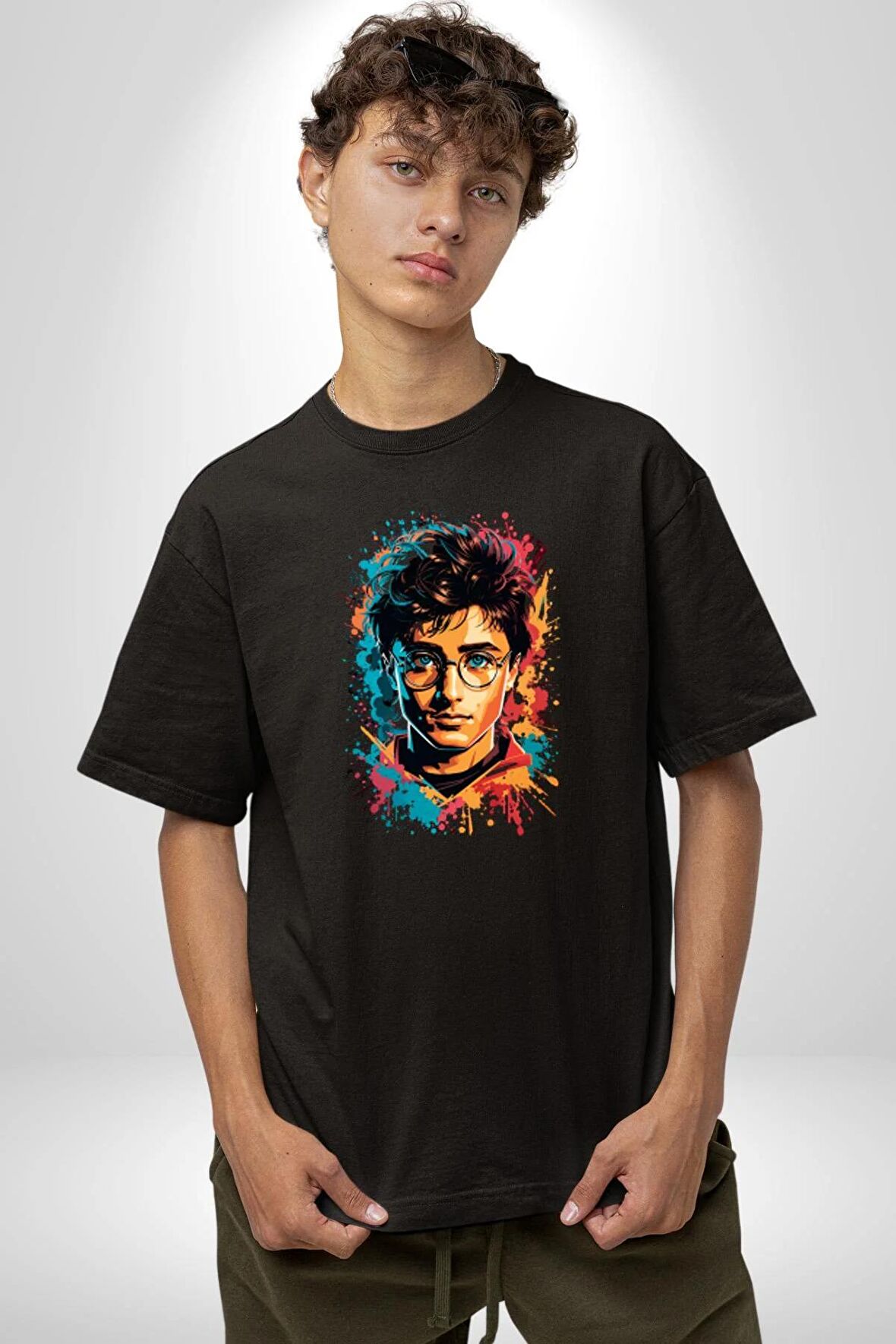 Renkli Yağlı Boya Harry Potter Pamuklu Bisiklet Yaka Kadın Erkek Oversize Boyfriend Dijital Baskılı Siyah T-shirt