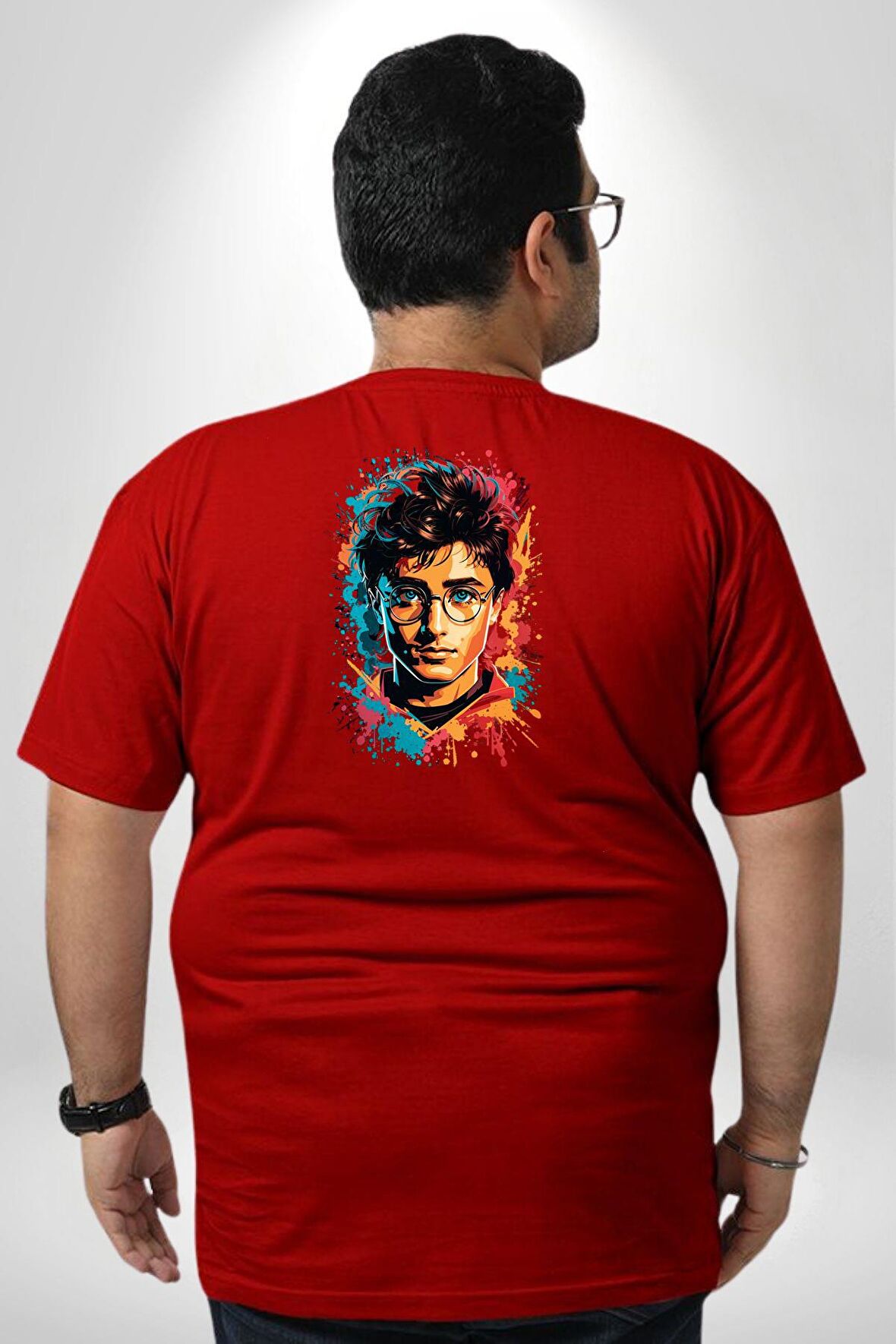 Renkli Yağlı Boya Harry Potter Büyük Beden Kırmızı Tişört Kadın Erkek Ünisex Sırt Baskılı
