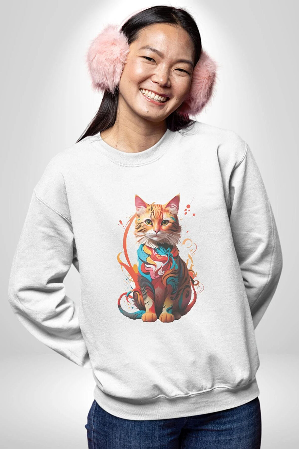 Renkli Yağlı Boya Kedi Kadın Erkek  Beyaz Baskılı Sweatshirt 