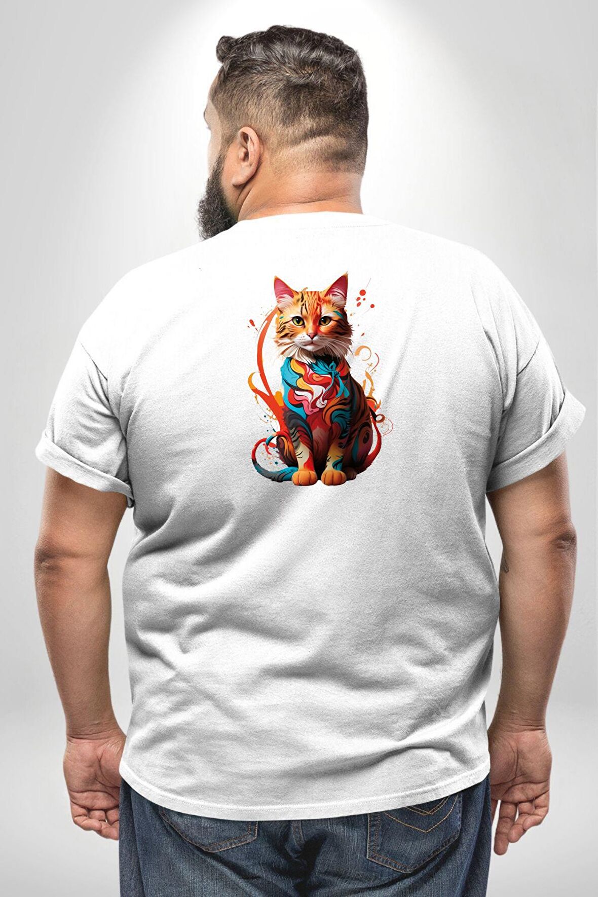 Renkli Yağlı Boya Kedi Büyük Beden Beyaz Tişört Kadın Erkek Ünisex Sırt Baskılı