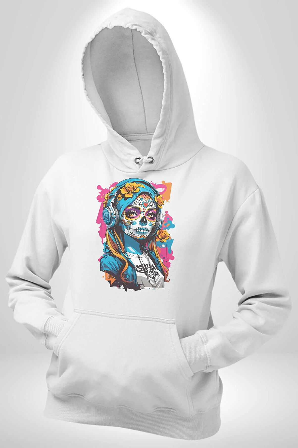Kulaklık Müzik Dinleyen Kız Kadın Erkek  Beyaz Kapüşonlu Sweatshirt Hoodie