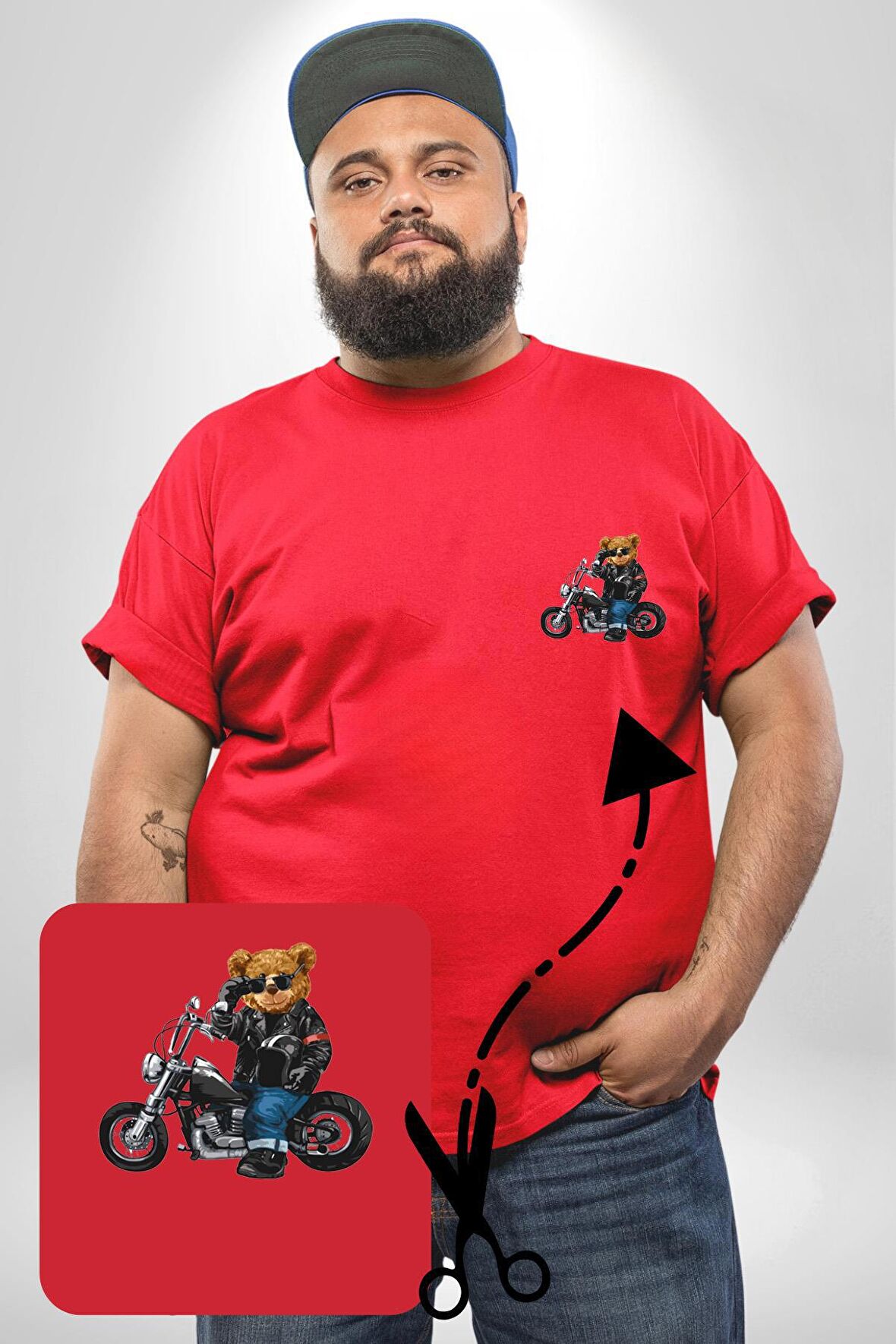 Kask Güneş Gözlüğü Motor Ayı Kırmızı Büyük Beden Kadın Basic Minimal Baskılı Tişört