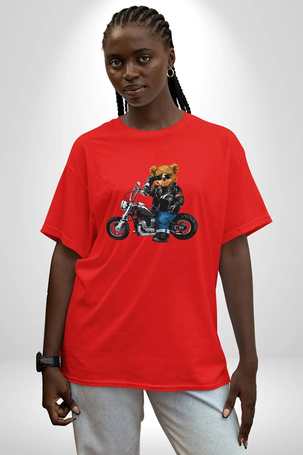 Kask Güneş Gözlüğü Motor Ayı Pamuklu Bisiklet Yaka Kadın Erkek Oversize Boyfriend Dijital Baskılı Kırmızı T-Shirt