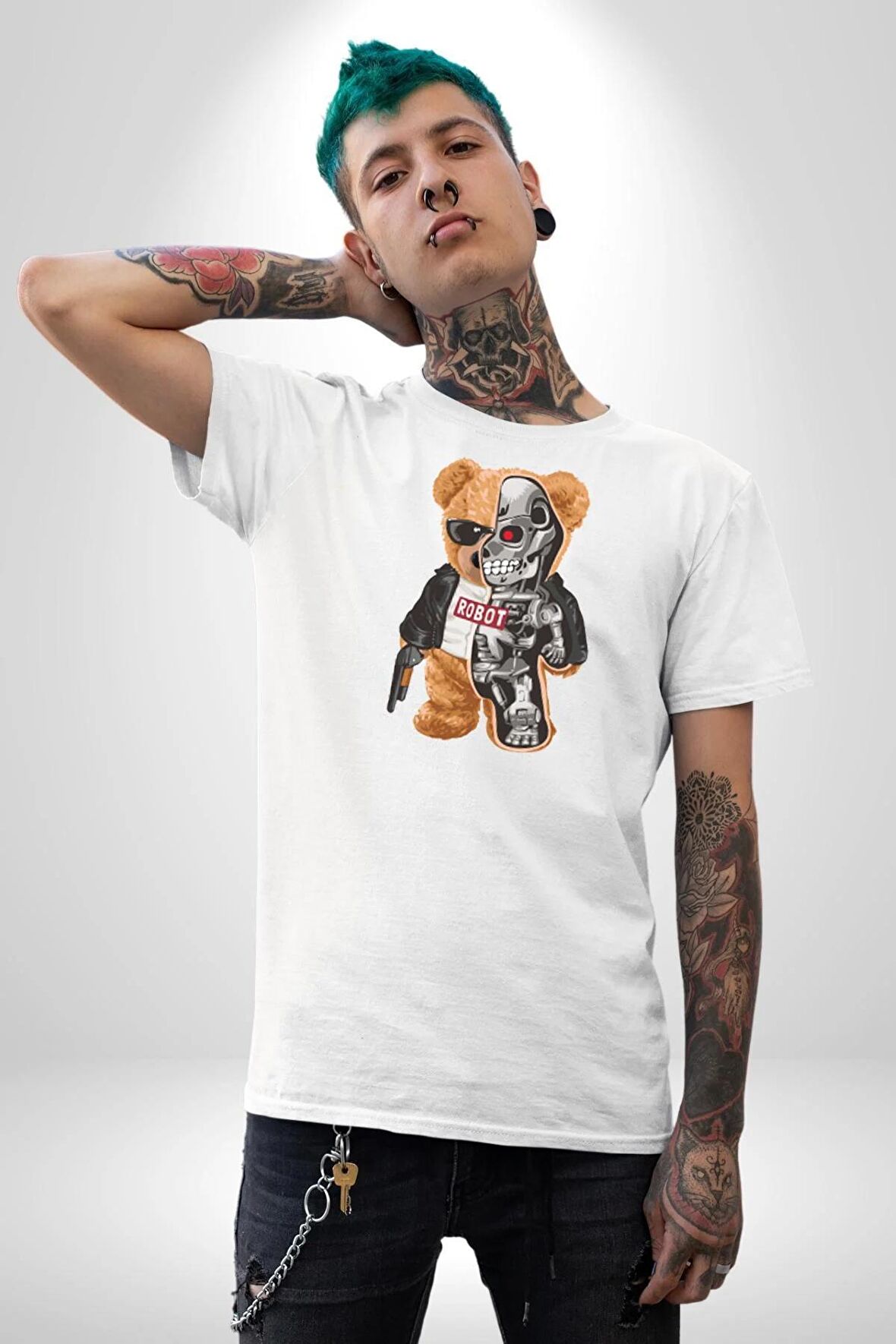 Robot Ayı Güneş Gözlüğü Kadın Erkek Unisex Beyaz Organik Baskılı T-Shirt Penye Yüksek Kalite