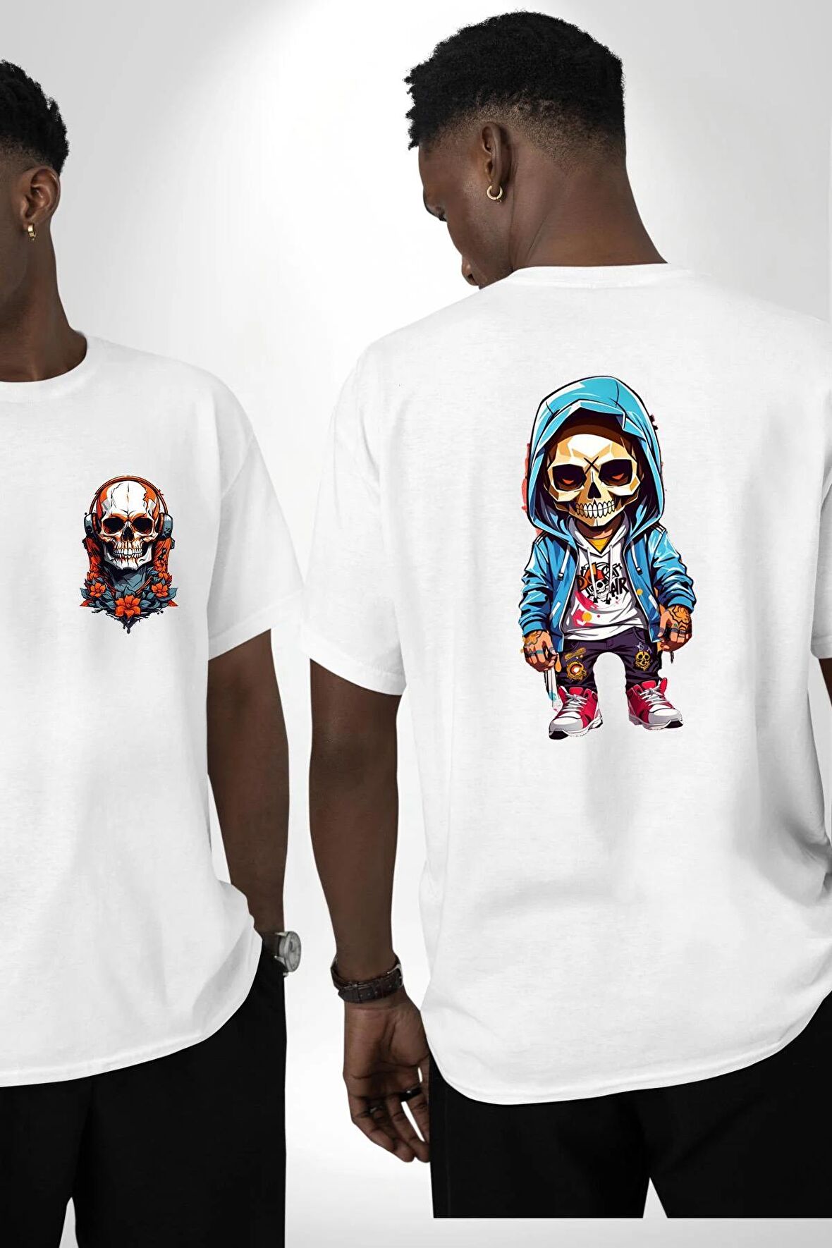 Hiphop Kurukafa Hoodie Beyaz Oversize Kadın Erkek Ön ve Sırt Baskılı Tişört