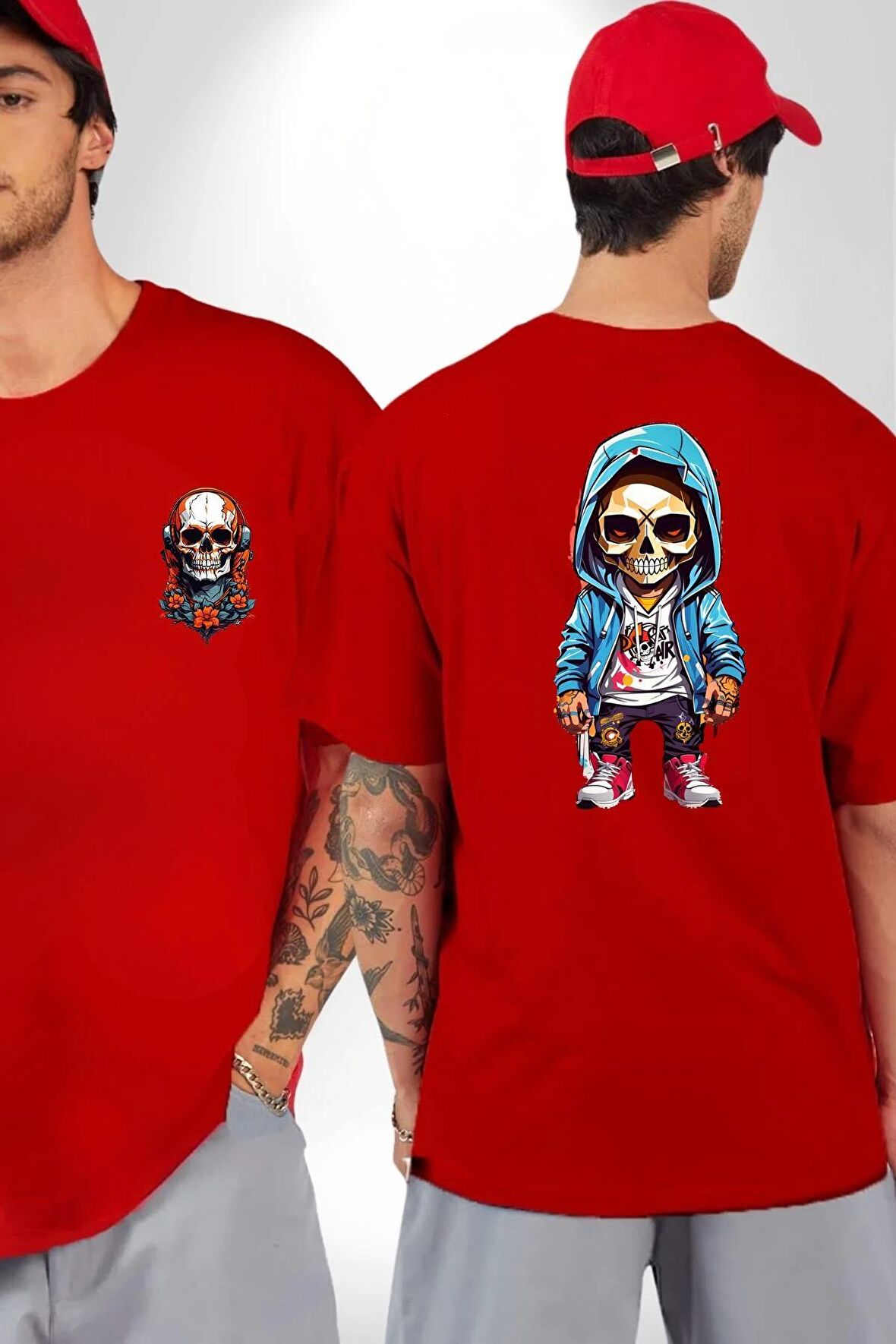Hiphop Kurukafa Hoodie Kırmızı Oversize Kadın Erkek Ön ve Sırt Baskılı Tişört