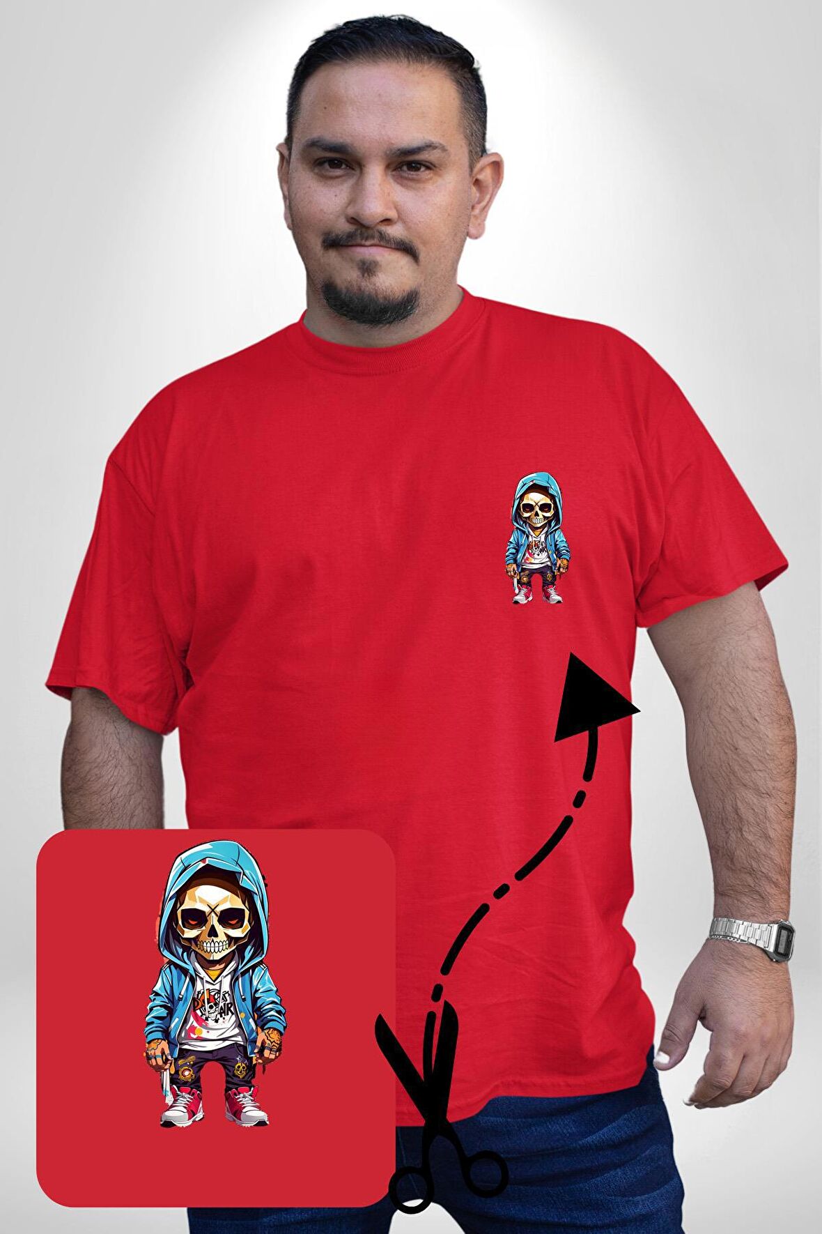 Hiphop Kurukafa Hoodie Kırmızı Büyük Beden Kadın Basic Minimal Baskılı Tişört