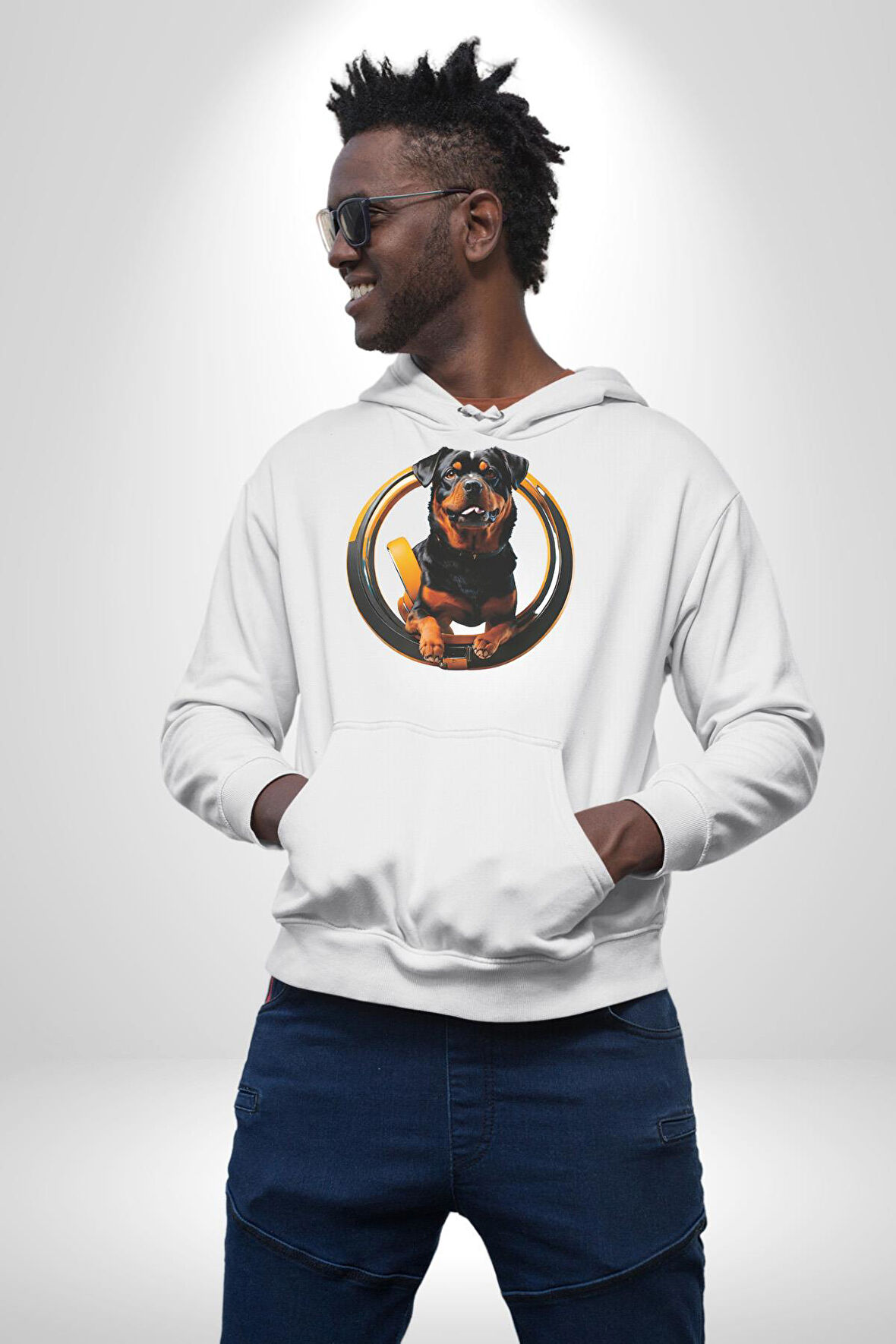 Süper Tasma Rottweiler Eğitim Kadın Erkek  Beyaz Kapüşonlu Sweatshirt Hoodie