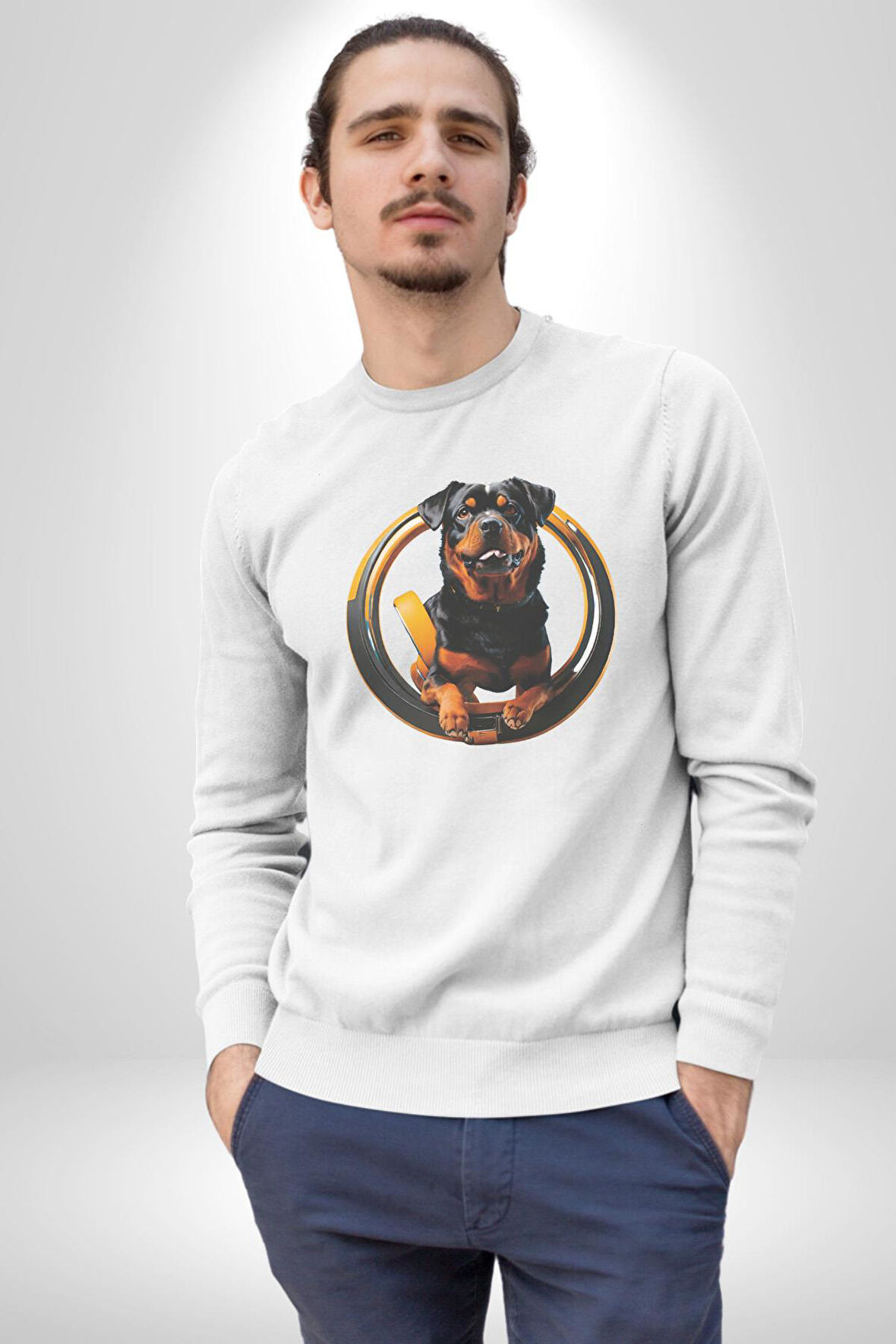 Süper Tasma Rottweiler Eğitim Kadın Erkek  Beyaz Baskılı Sweatshirt 