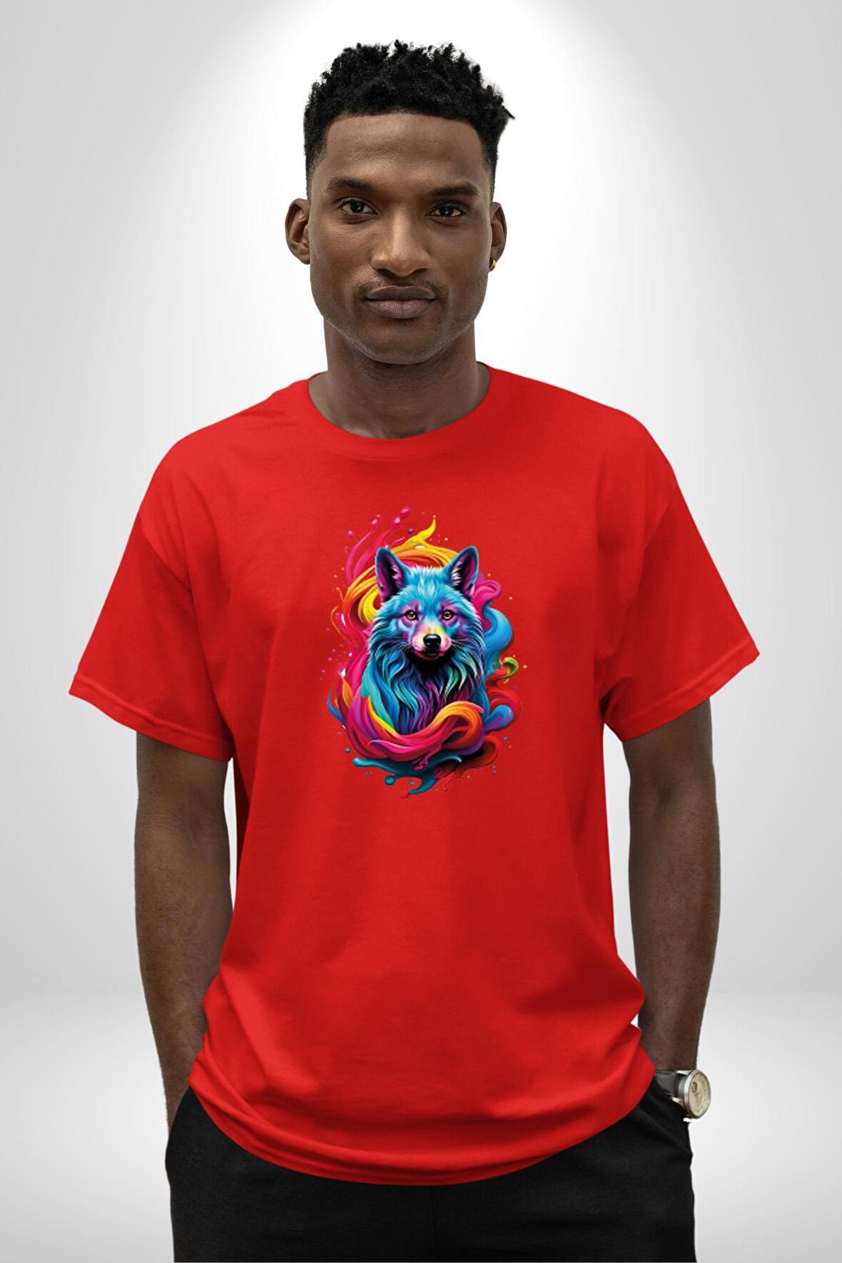 Renkli Kurt Pamuklu Bisiklet Yaka Kadın Erkek Oversize Boyfriend Dijital Baskılı Kırmızı T-Shirt