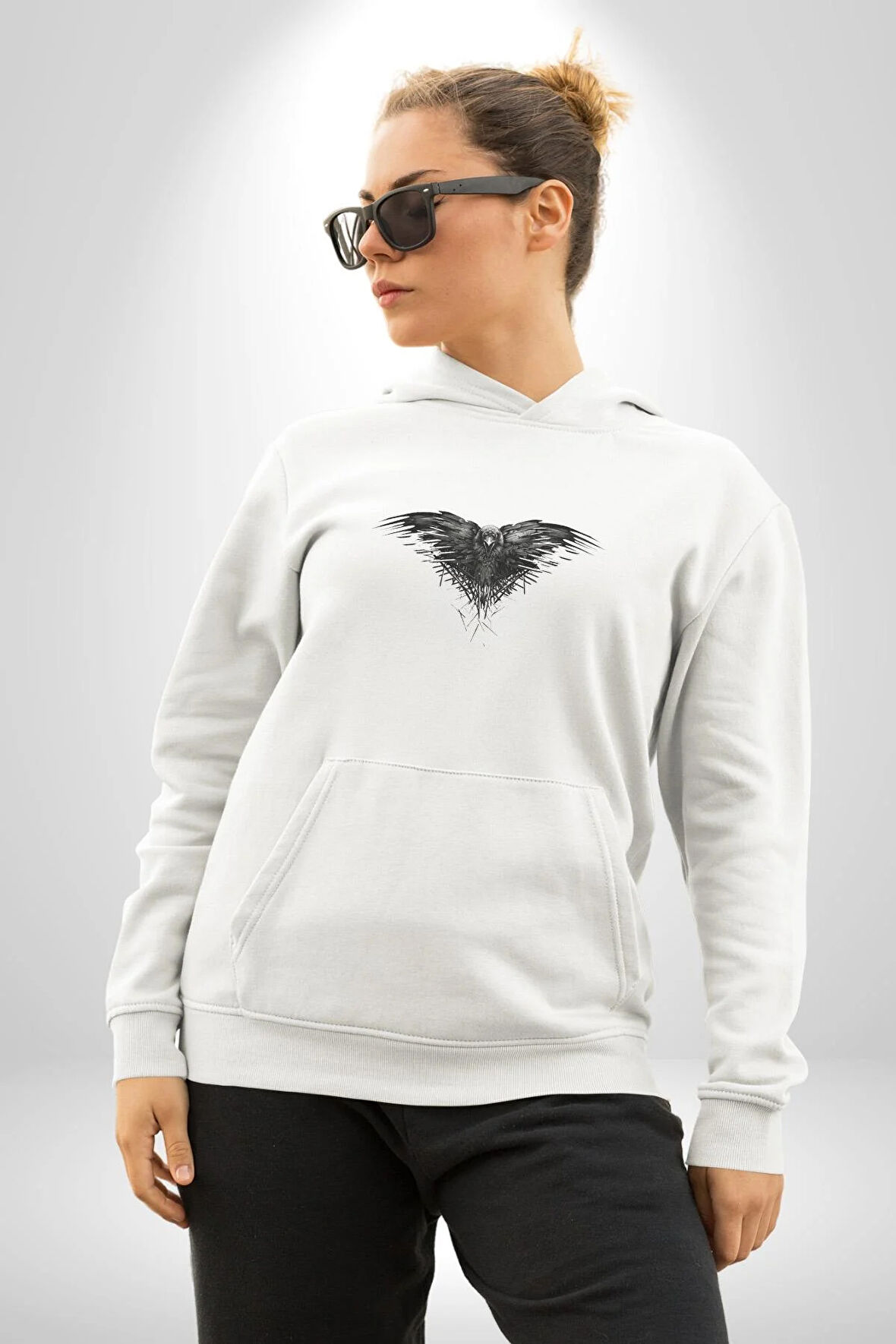 3 Gözlü Kuzgun Kadın Erkek  Beyaz Kapüşonlu Sweatshirt Hoodie