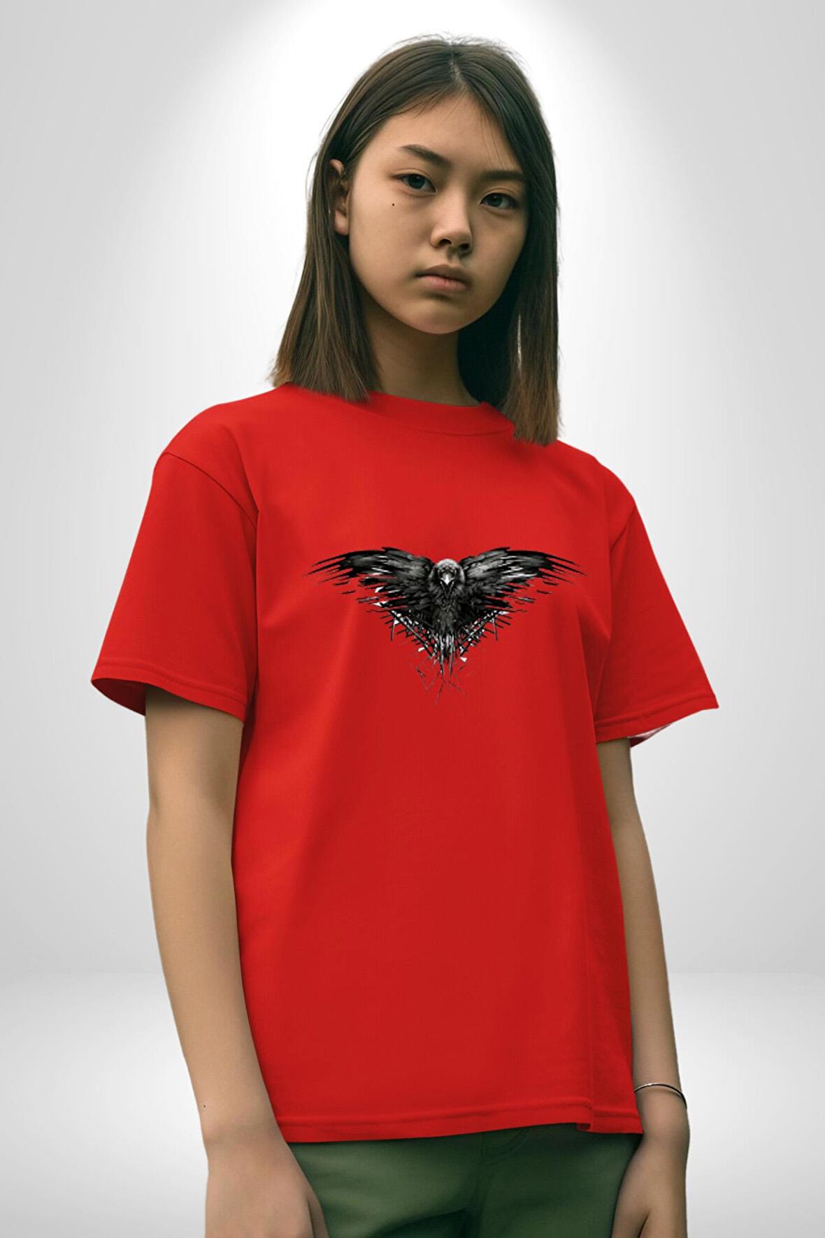 3 Gözlü Kuzgun Pamuklu Bisiklet Yaka Kadın Erkek Oversize Boyfriend Dijital Baskılı Kırmızı T-Shirt