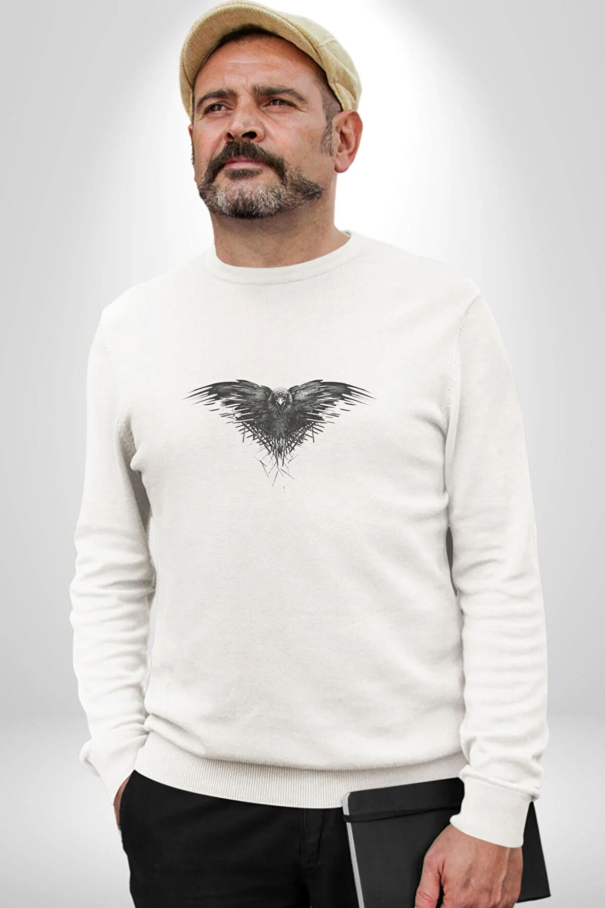 3 Gözlü Kuzgun Kadın Erkek  Beyaz Baskılı Sweatshirt 