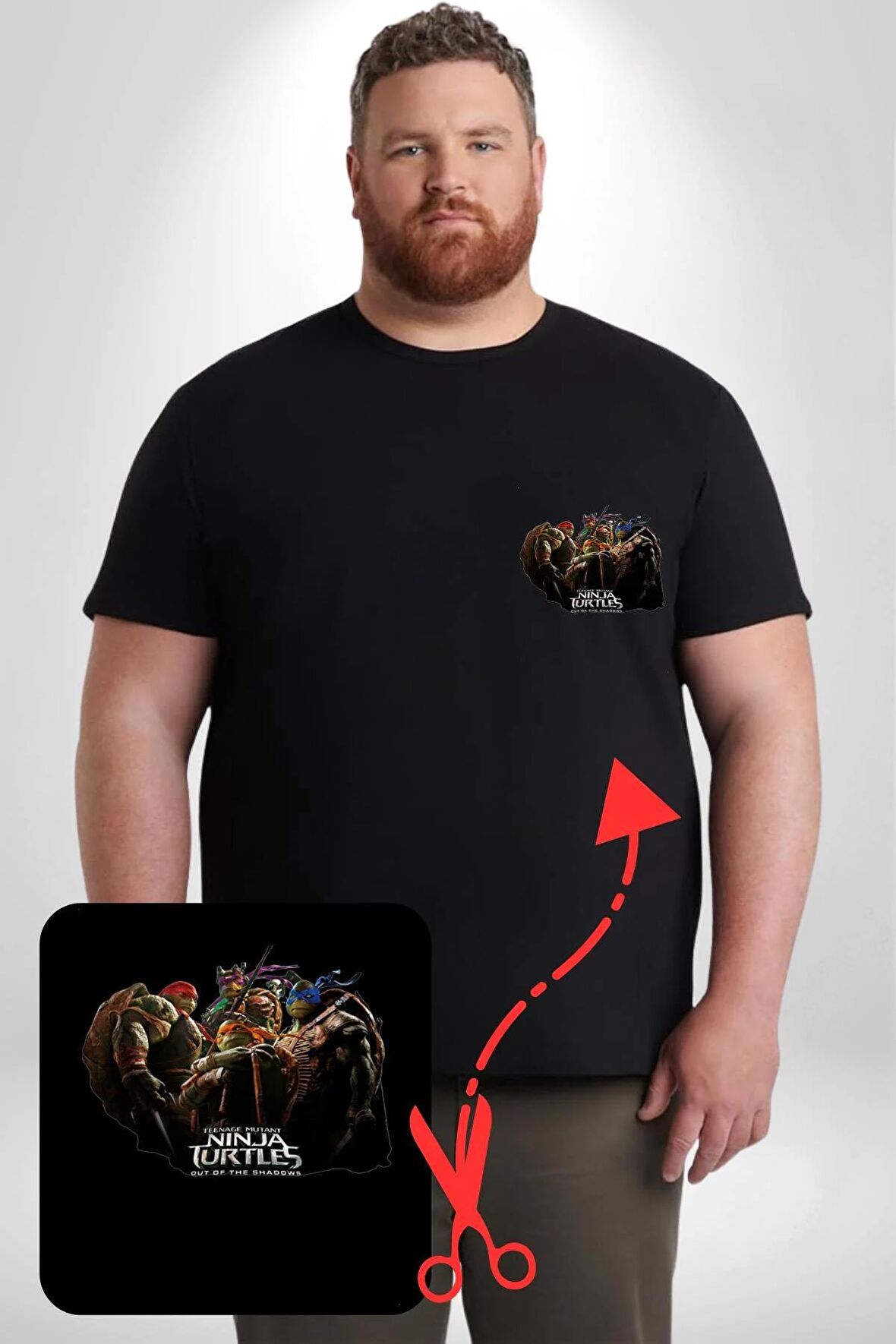 Ninja Kaplumbağa Siyah Büyük Beden Kadın Basic Minimal Baskılı Tişört